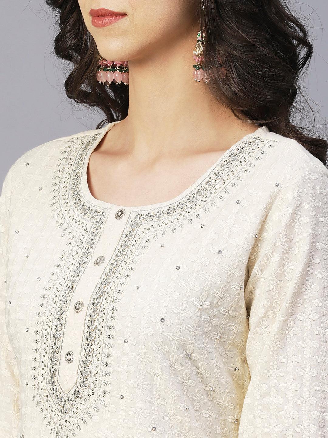 Ethnic Embroidered Straight Fit Kurta with Pant & Dupatta - Off White - Indiakreations