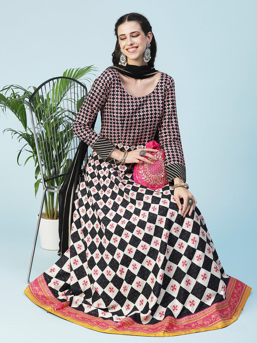 Checks Printed & Sequin Work Anarkali with Leggings & Dupatta - Multi - Indiakreations