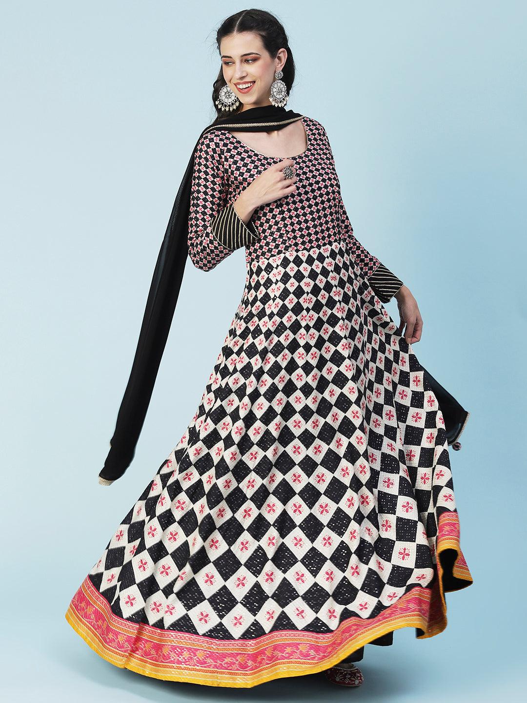 Checks Printed & Sequin Work Anarkali with Leggings & Dupatta - Multi - Indiakreations