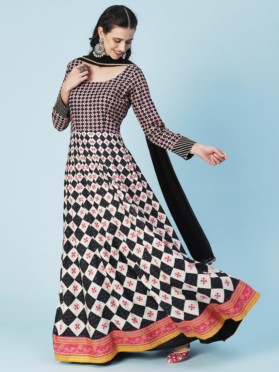 Checks Printed & Sequin Work Anarkali with Leggings & Dupatta - Multi - Indiakreations