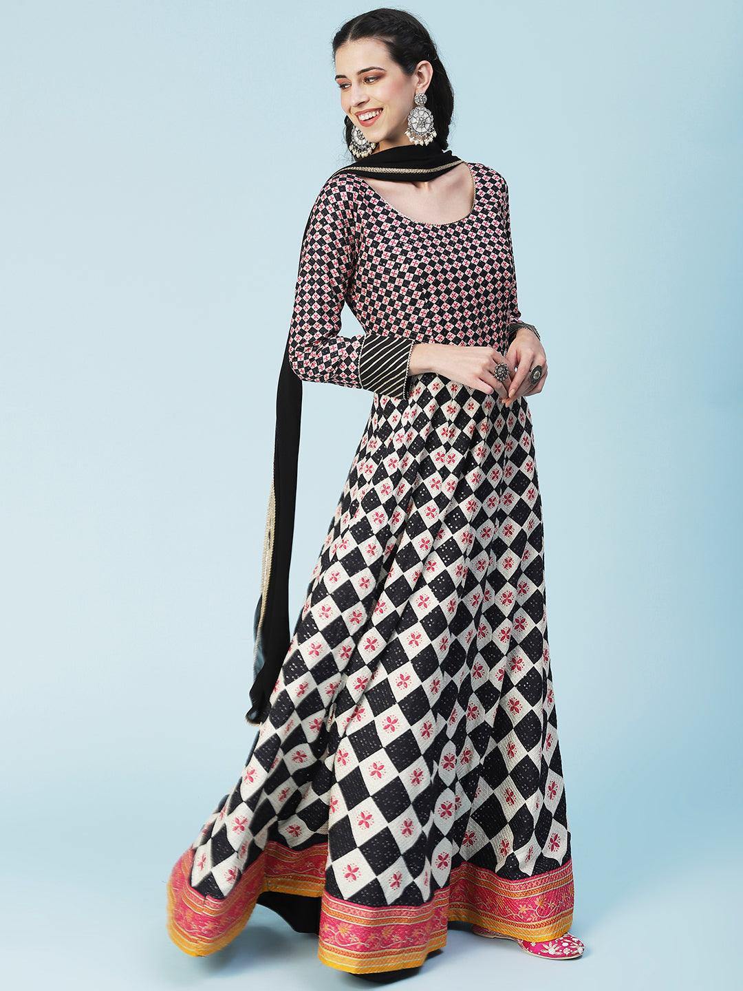 Checks Printed & Sequin Work Anarkali with Leggings & Dupatta - Multi - Indiakreations