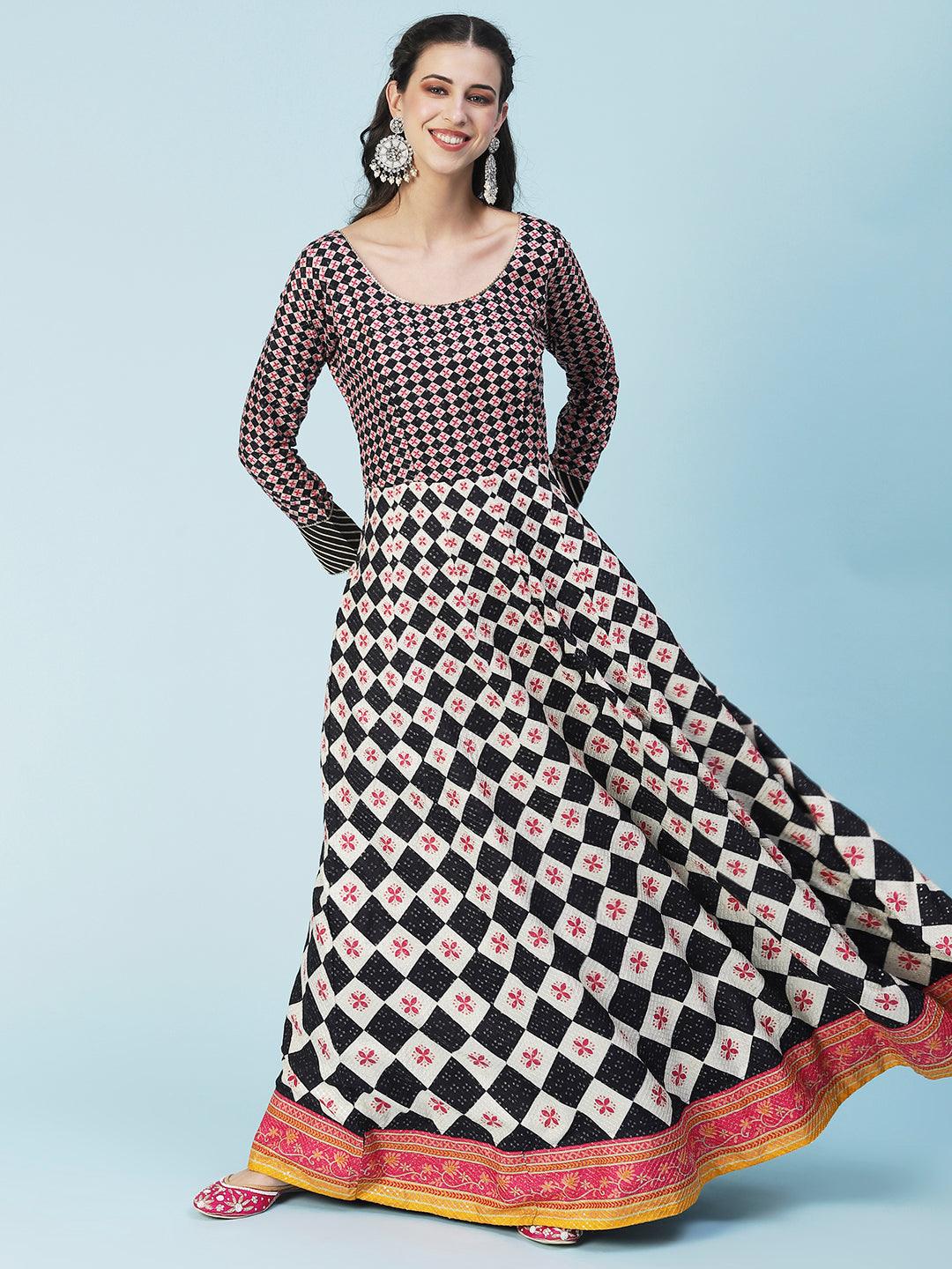 Checks Printed & Sequin Work Anarkali with Leggings & Dupatta - Multi - Indiakreations