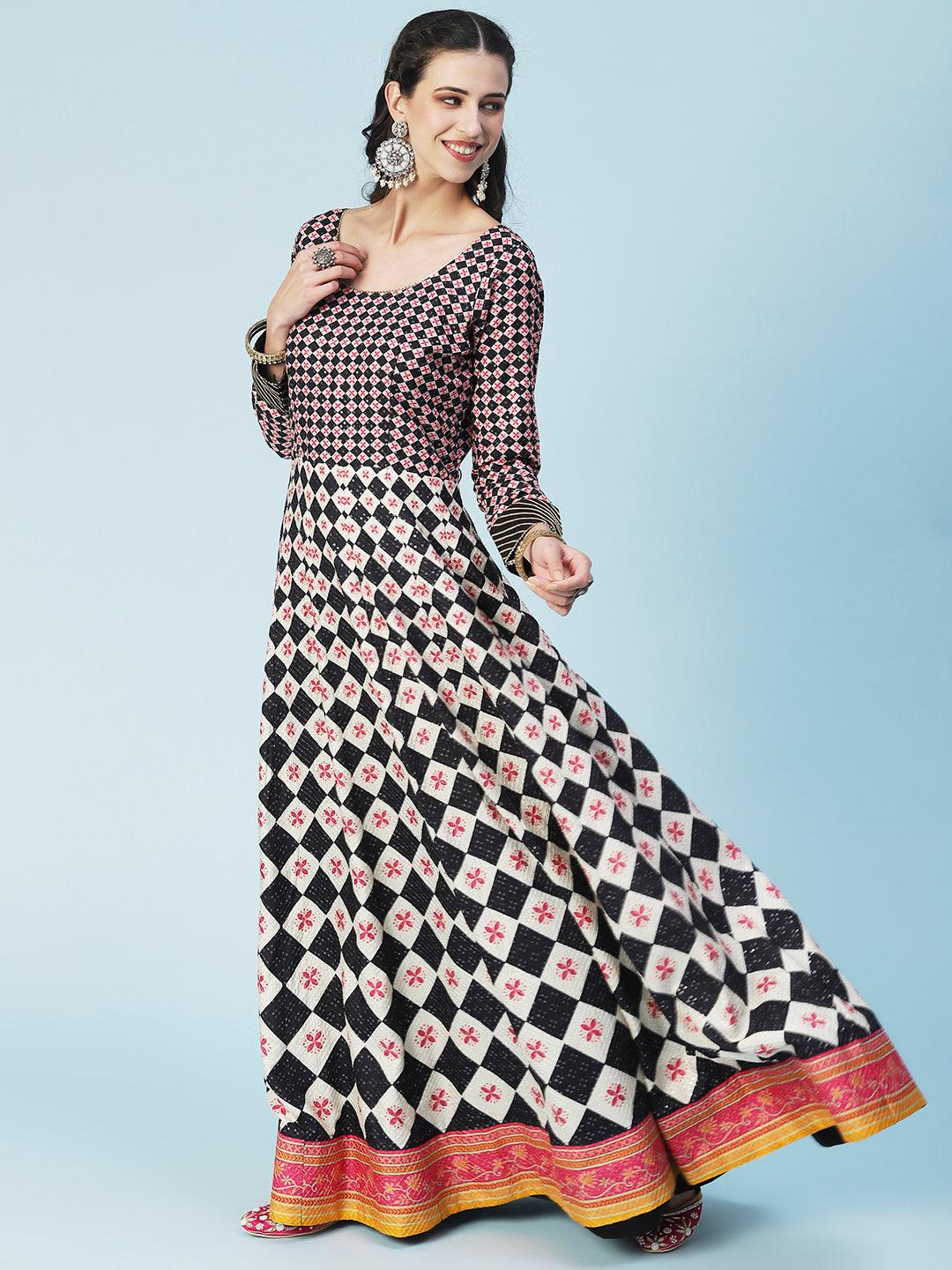 Checks Printed & Sequin Work Anarkali with Leggings & Dupatta - Multi - Indiakreations