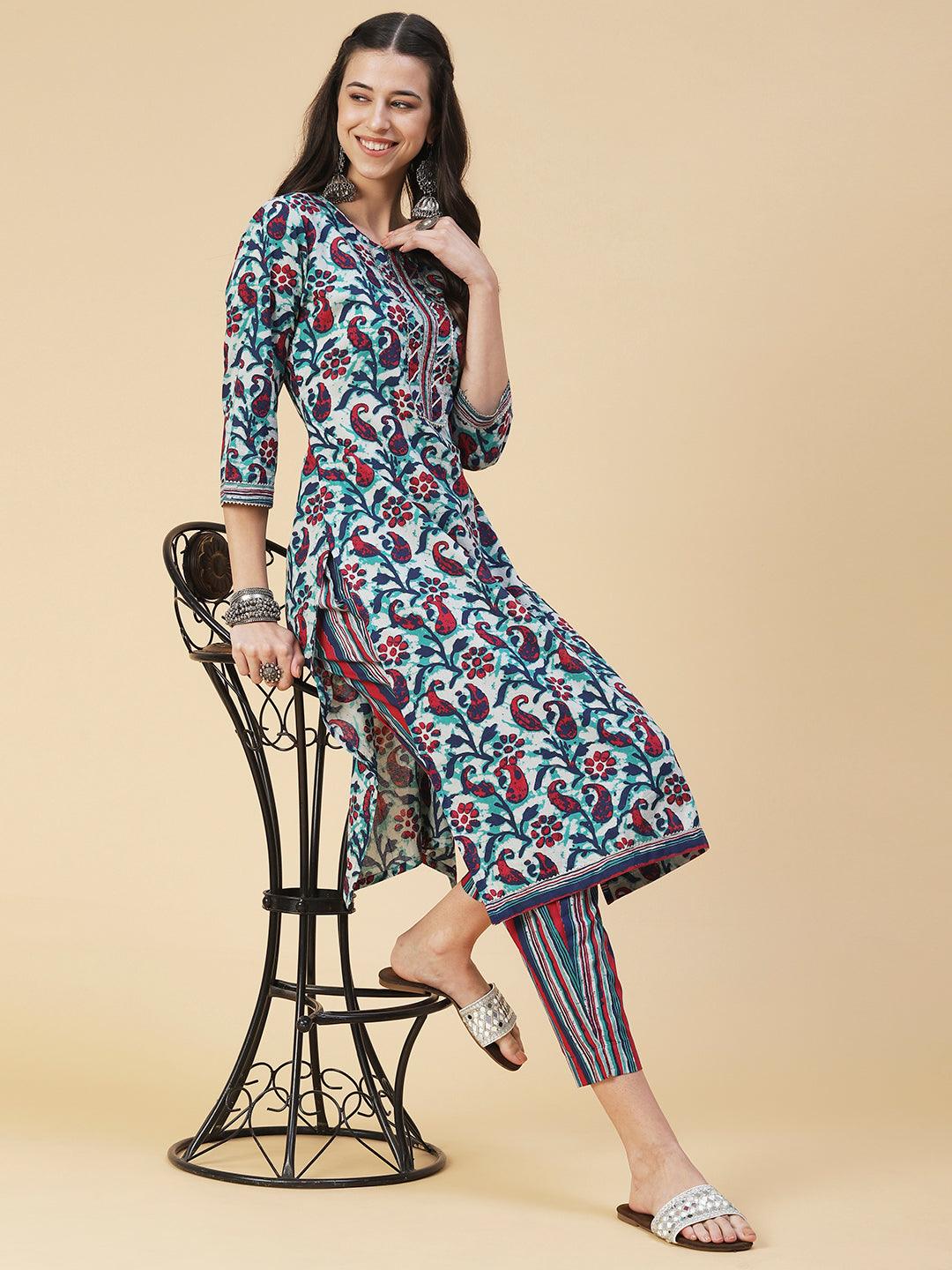 Ethnic Printed Straight Fit Kurta with Pant - Multi - Indiakreations