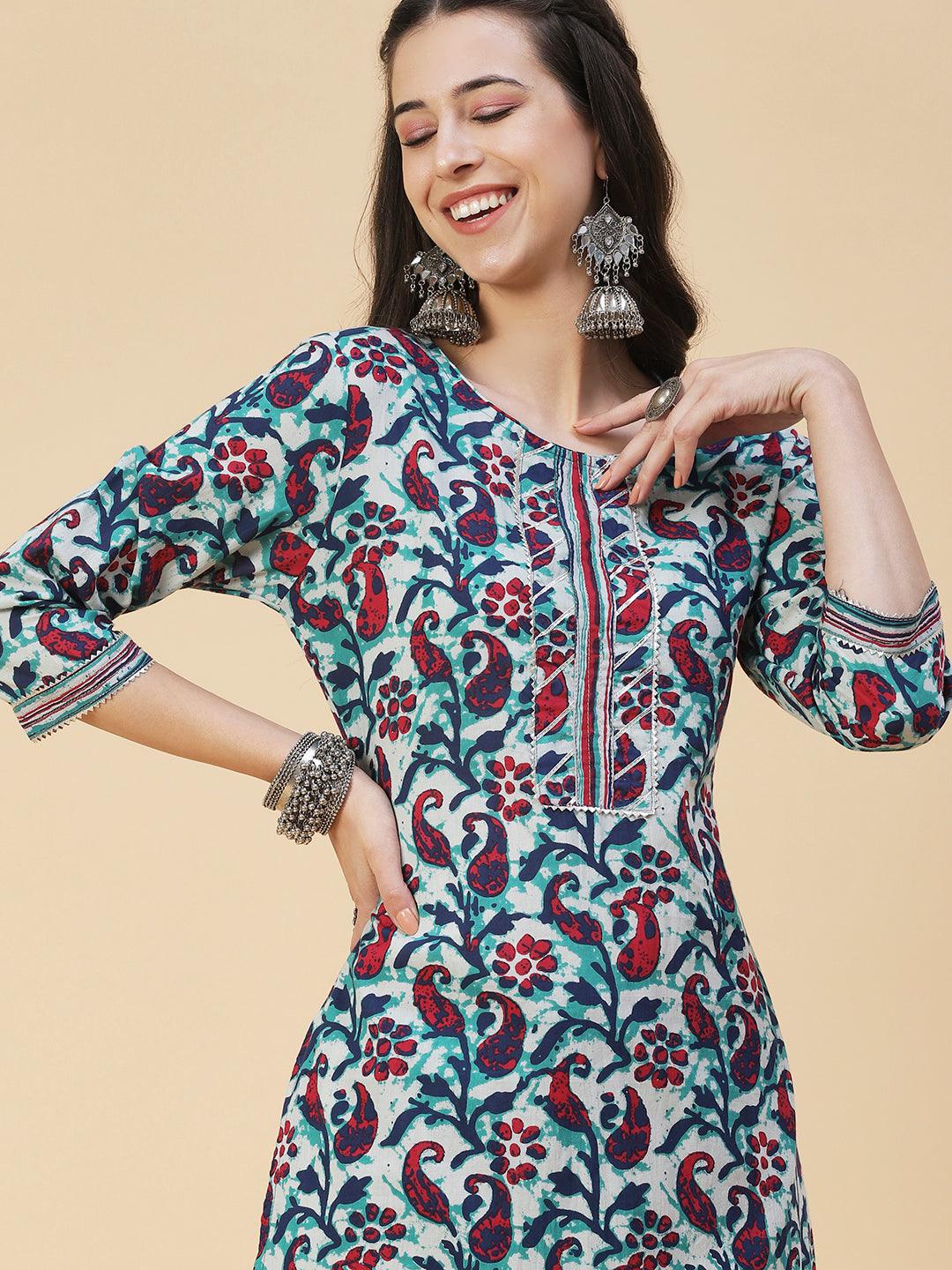 Ethnic Printed Straight Fit Kurta with Pant - Multi - Indiakreations