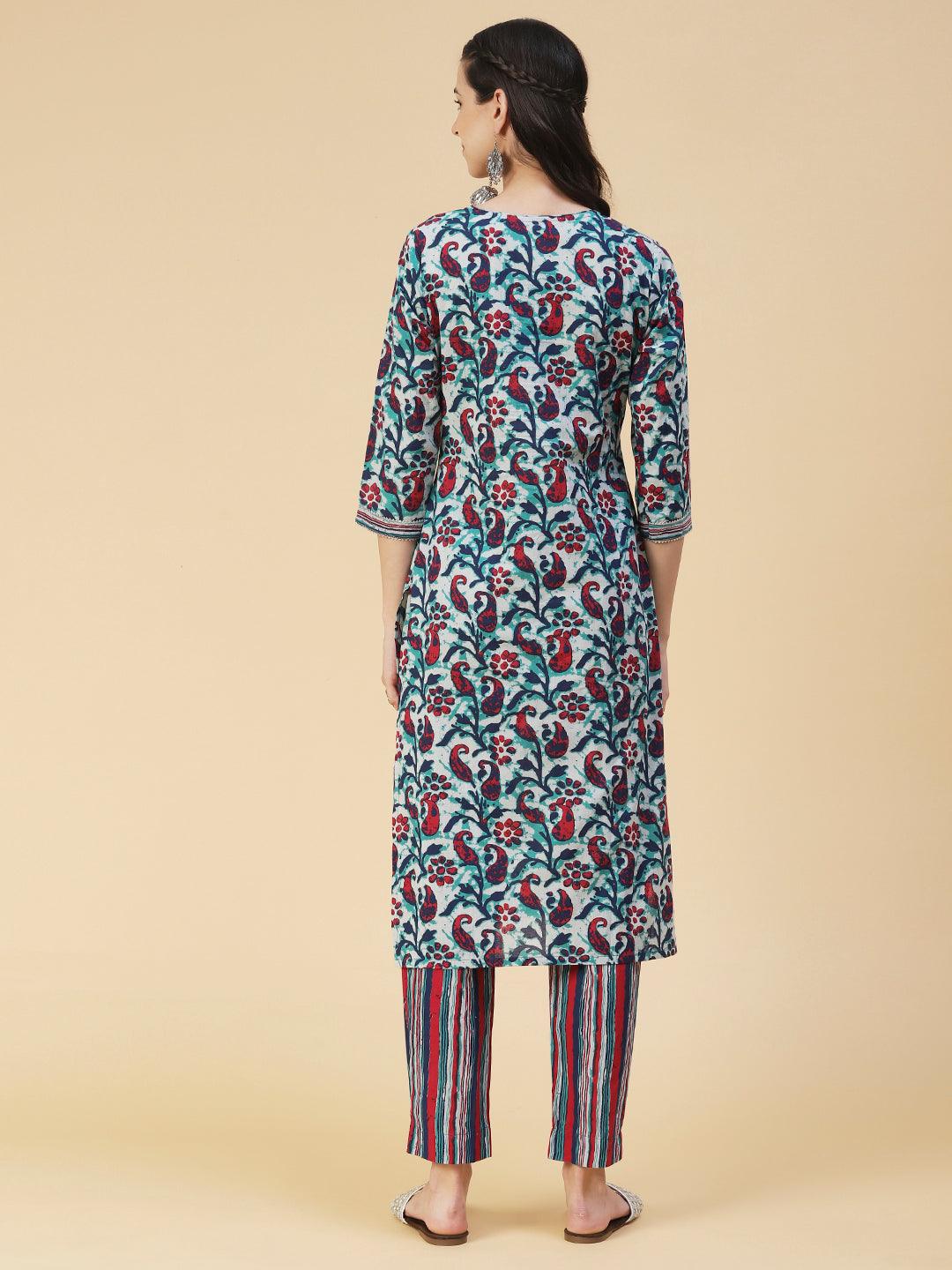 Ethnic Printed Straight Fit Kurta with Pant - Multi - Indiakreations