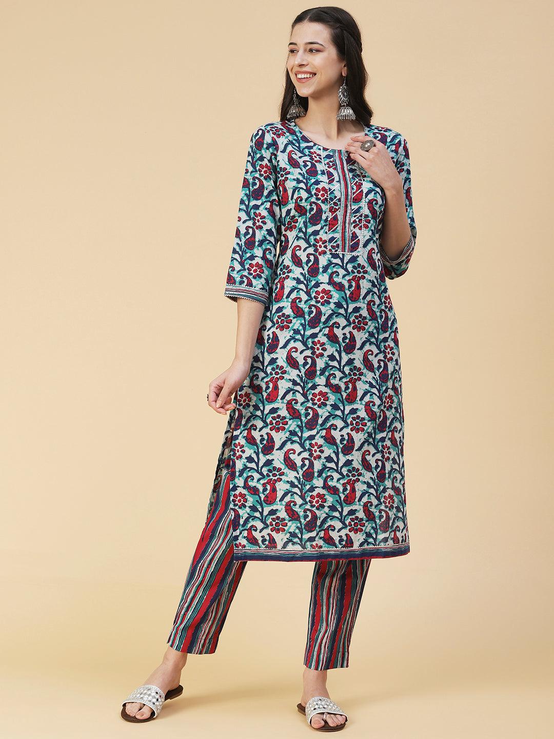 Ethnic Printed Straight Fit Kurta with Pant - Multi - Indiakreations