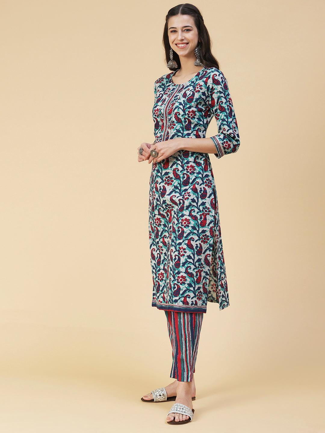 Ethnic Printed Straight Fit Kurta with Pant - Multi - Indiakreations