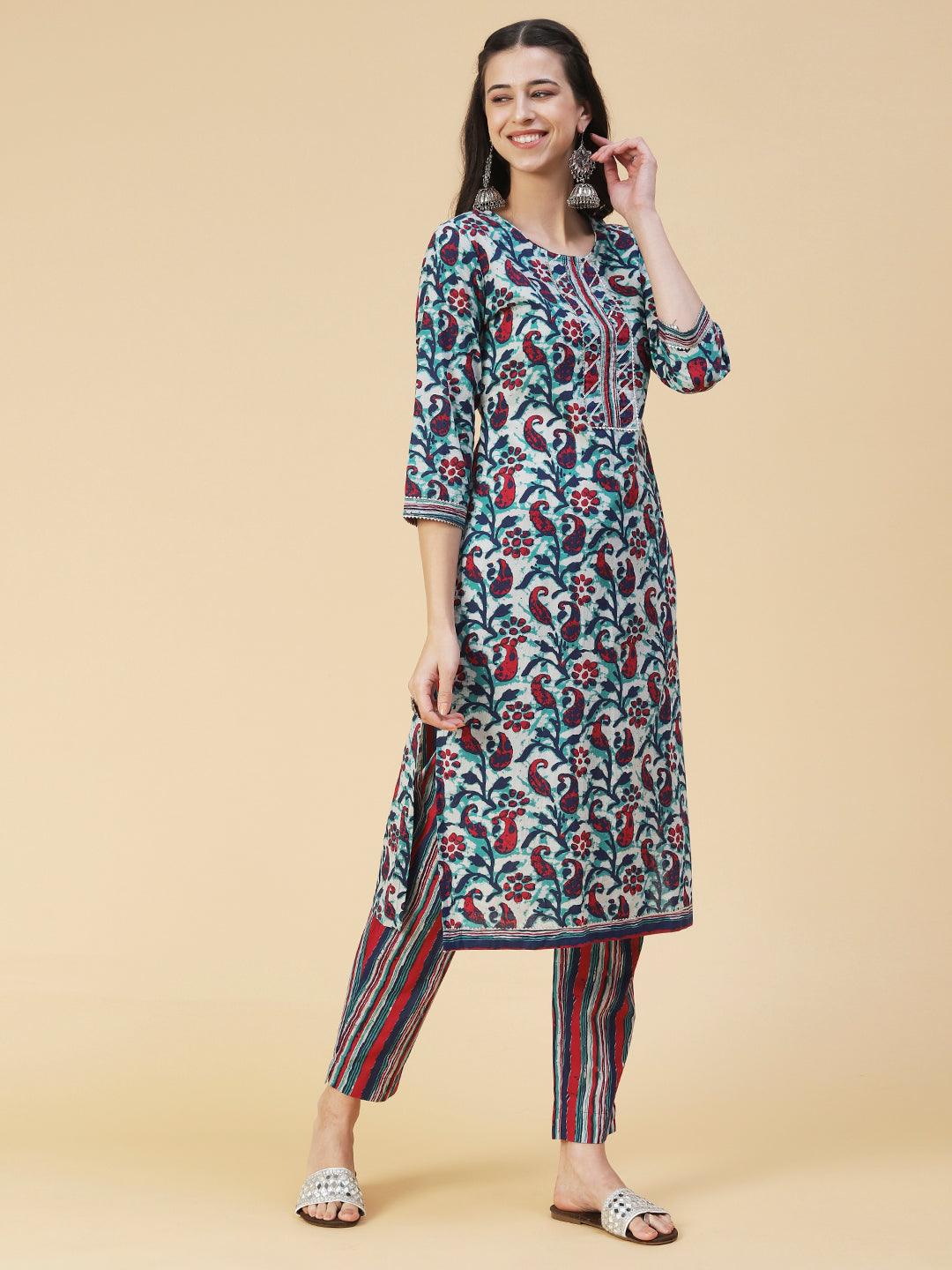 Ethnic Printed Straight Fit Kurta with Pant - Multi - Indiakreations