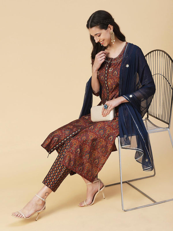 Floral Printed Straight Kurta with Pant & Dupatta - Brown - Indiakreations