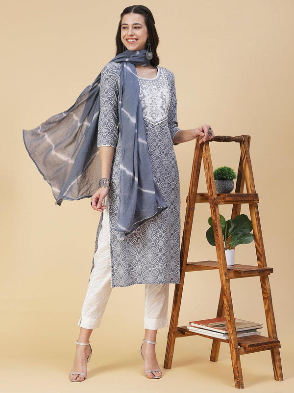 Bandhani Printed & Embroidered Straight Kurta with Pant & Dupatta - Blue - Indiakreations