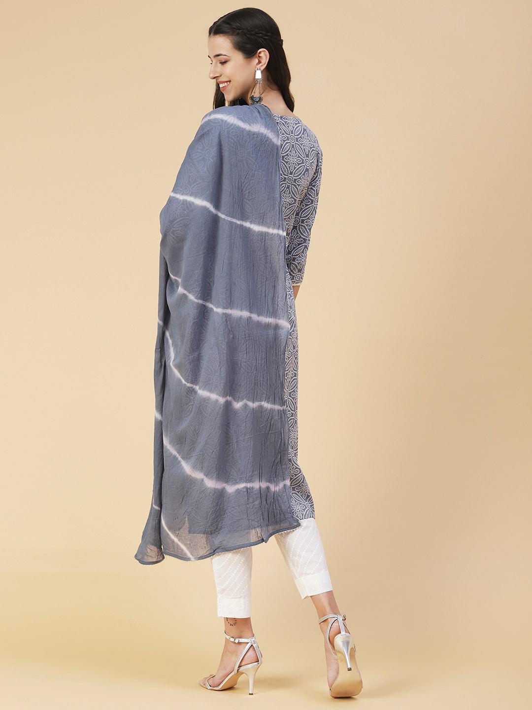 Bandhani Printed & Embroidered Straight Kurta with Pant & Dupatta - Blue - Indiakreations