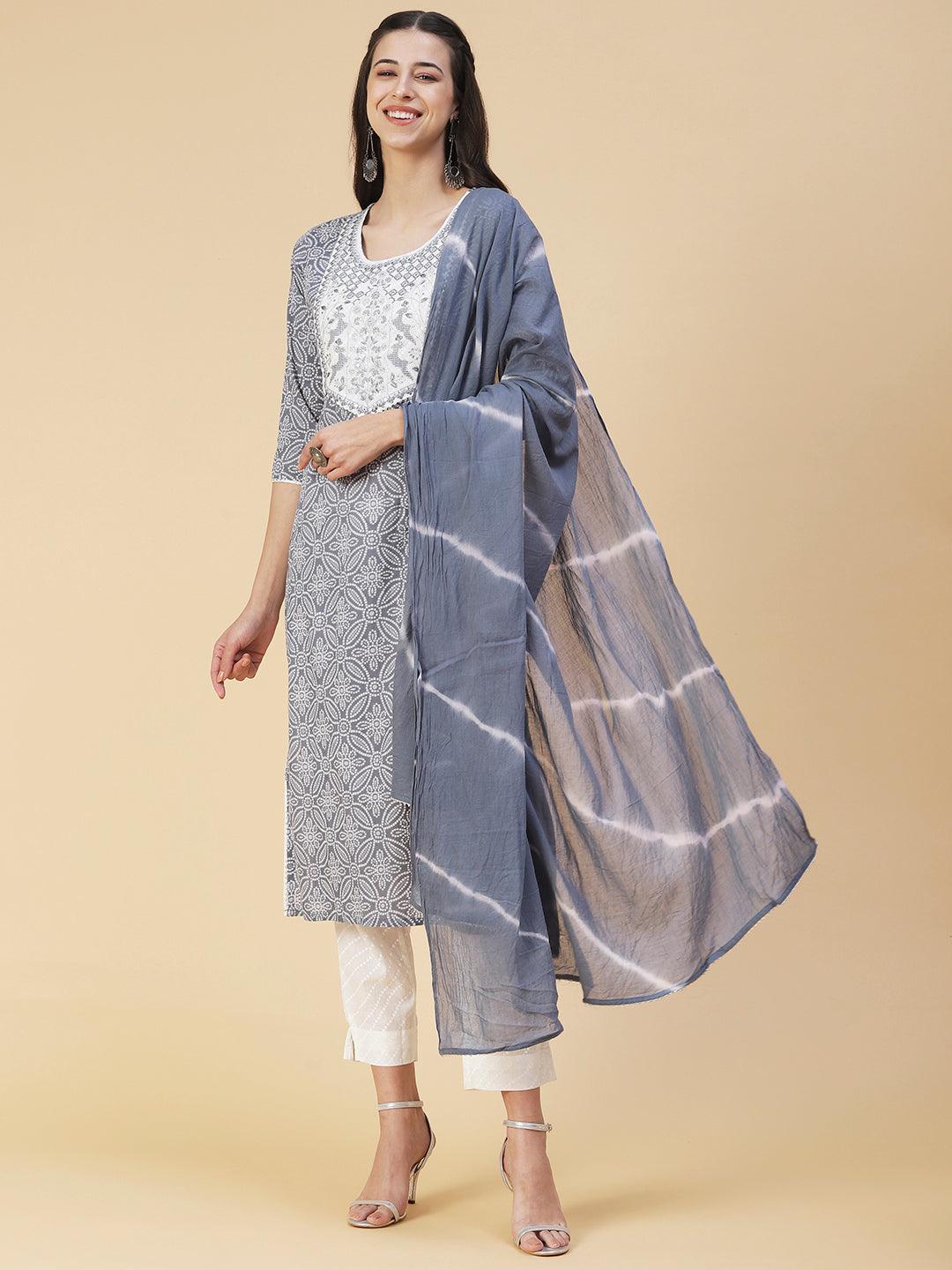 Bandhani Printed & Embroidered Straight Kurta with Pant & Dupatta - Blue - Indiakreations