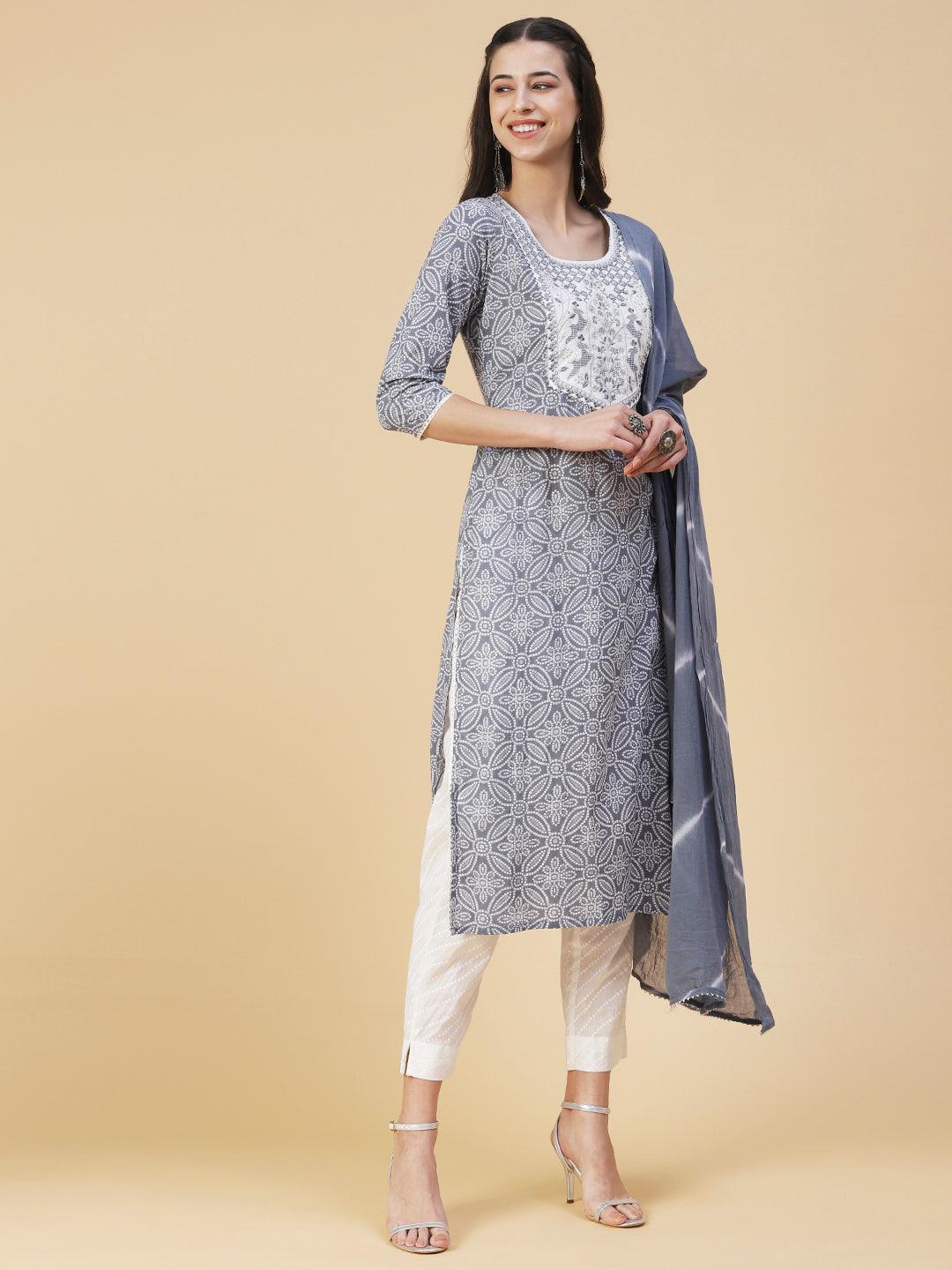 Bandhani Printed & Embroidered Straight Kurta with Pant & Dupatta - Blue - Indiakreations