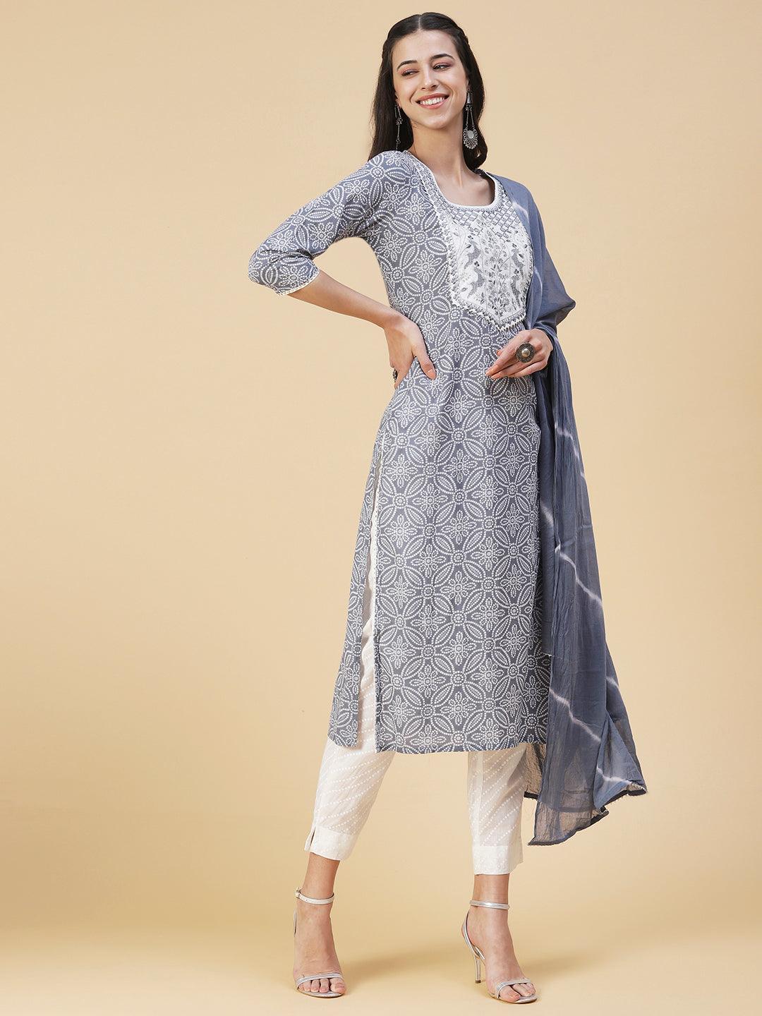 Bandhani Printed & Embroidered Straight Kurta with Pant & Dupatta - Blue - Indiakreations