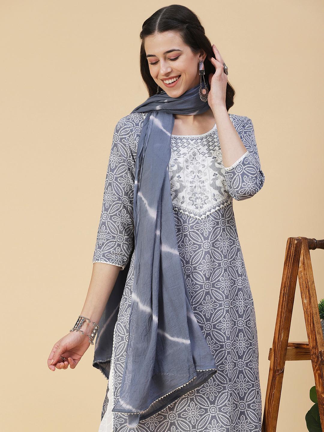 Bandhani Printed & Embroidered Straight Kurta with Pant & Dupatta - Blue - Indiakreations