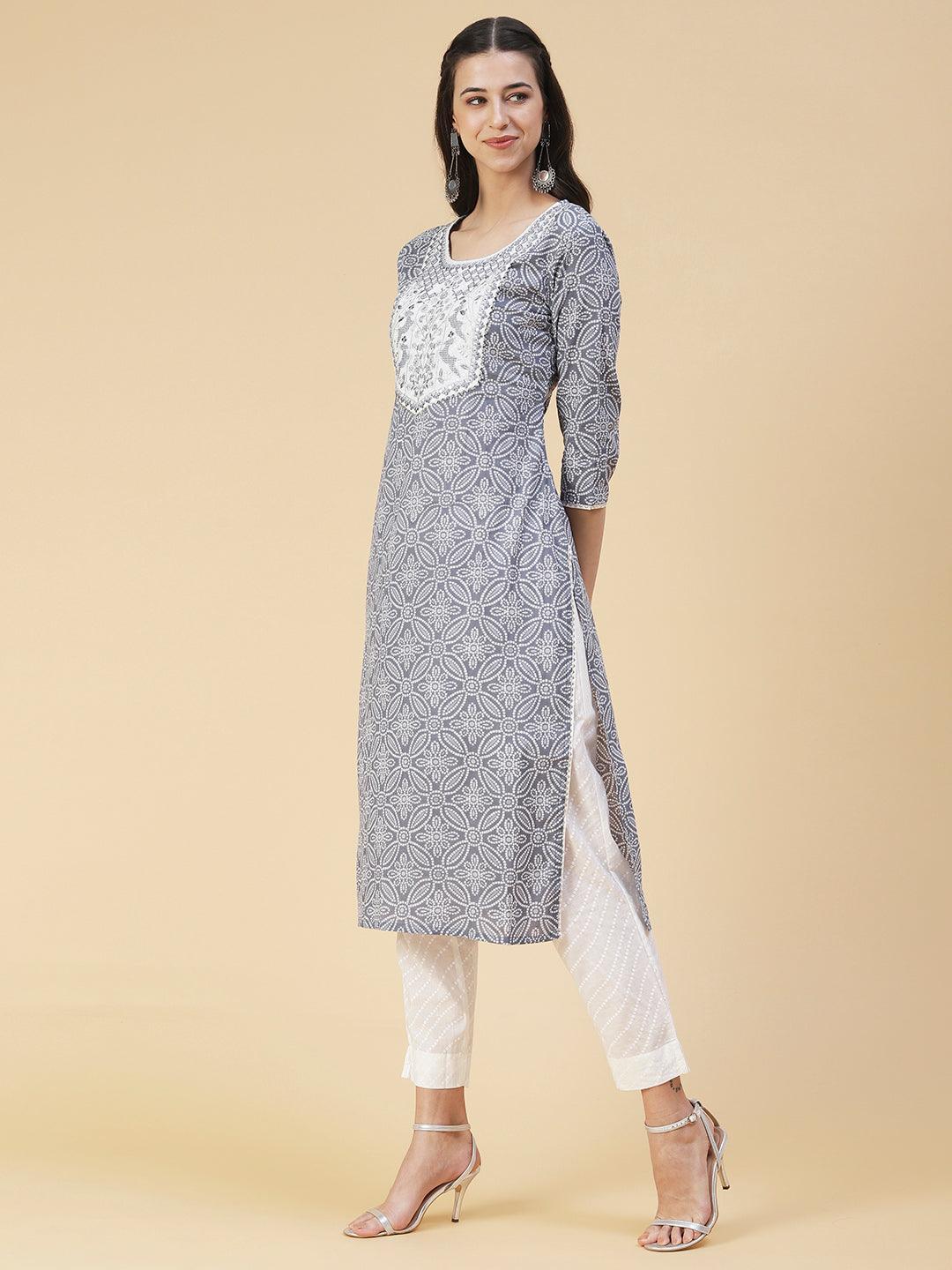 Bandhani Printed & Embroidered Straight Kurta with Pant & Dupatta - Blue - Indiakreations