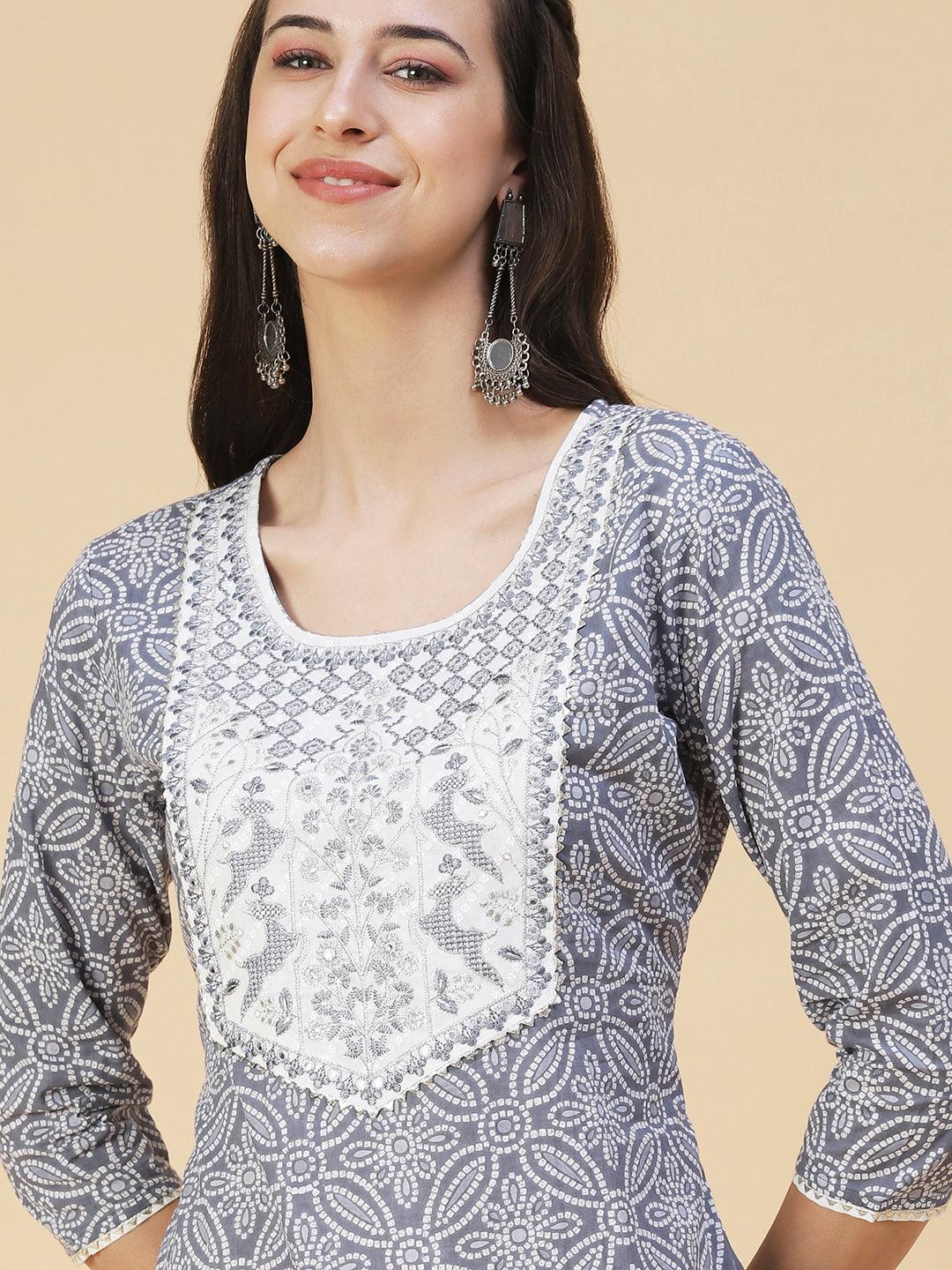 Bandhani Printed & Embroidered Straight Kurta with Pant & Dupatta - Blue - Indiakreations