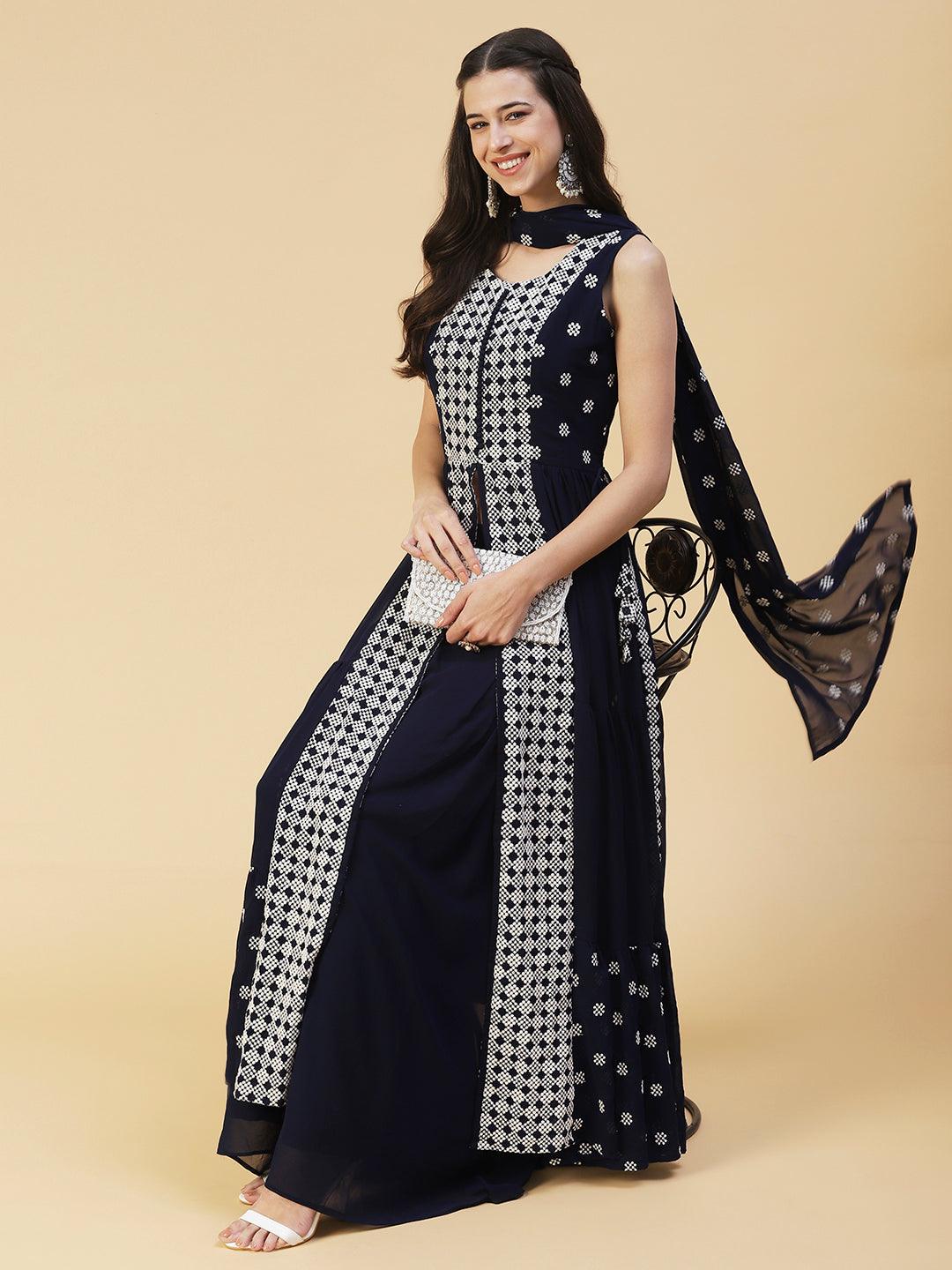 Ethnic Embroidered Flared Kurta with Palazzo & Dupatta - Deep Navy Blue - Indiakreations