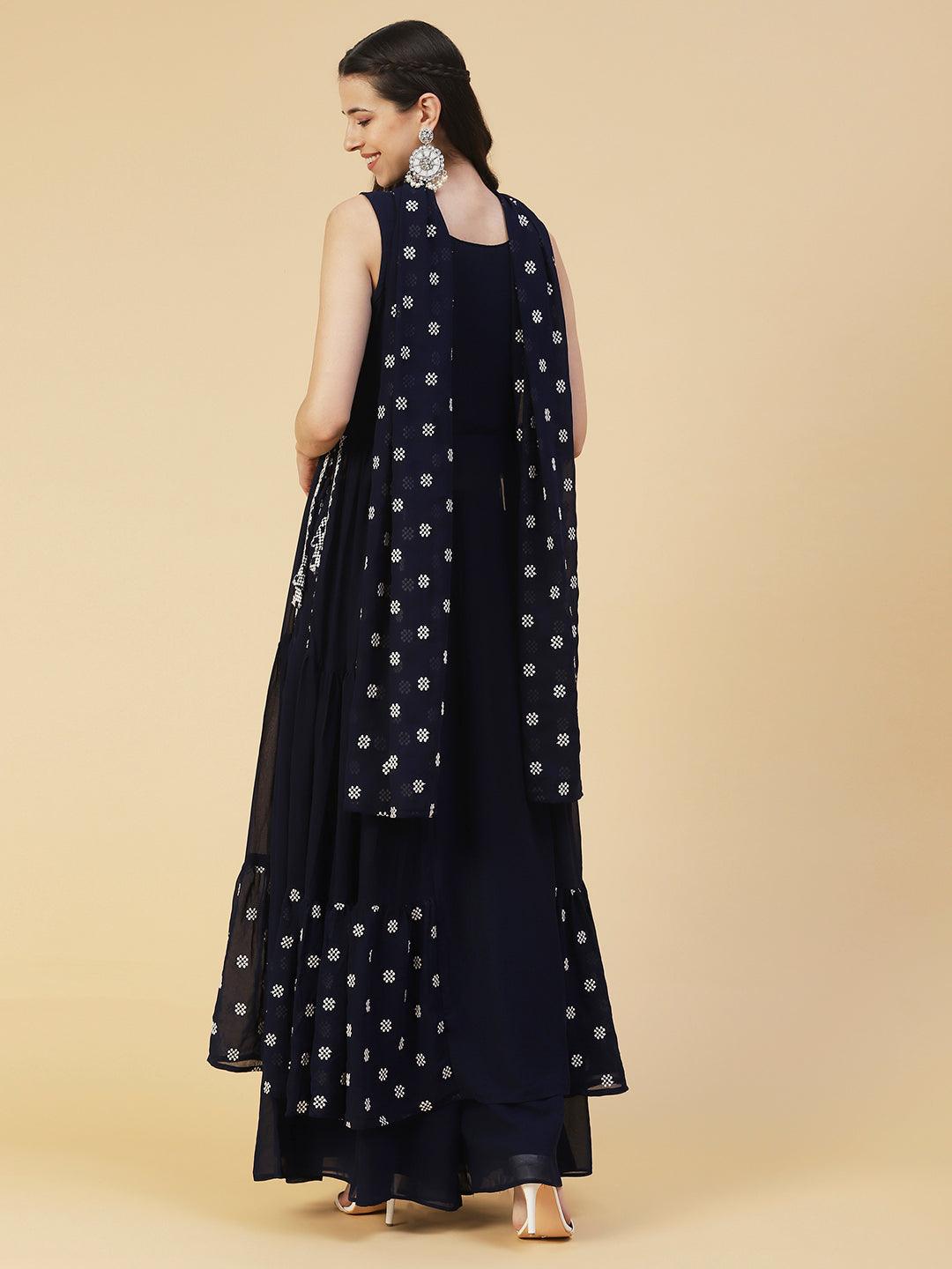 Ethnic Embroidered Flared Kurta with Palazzo & Dupatta - Deep Navy Blue - Indiakreations