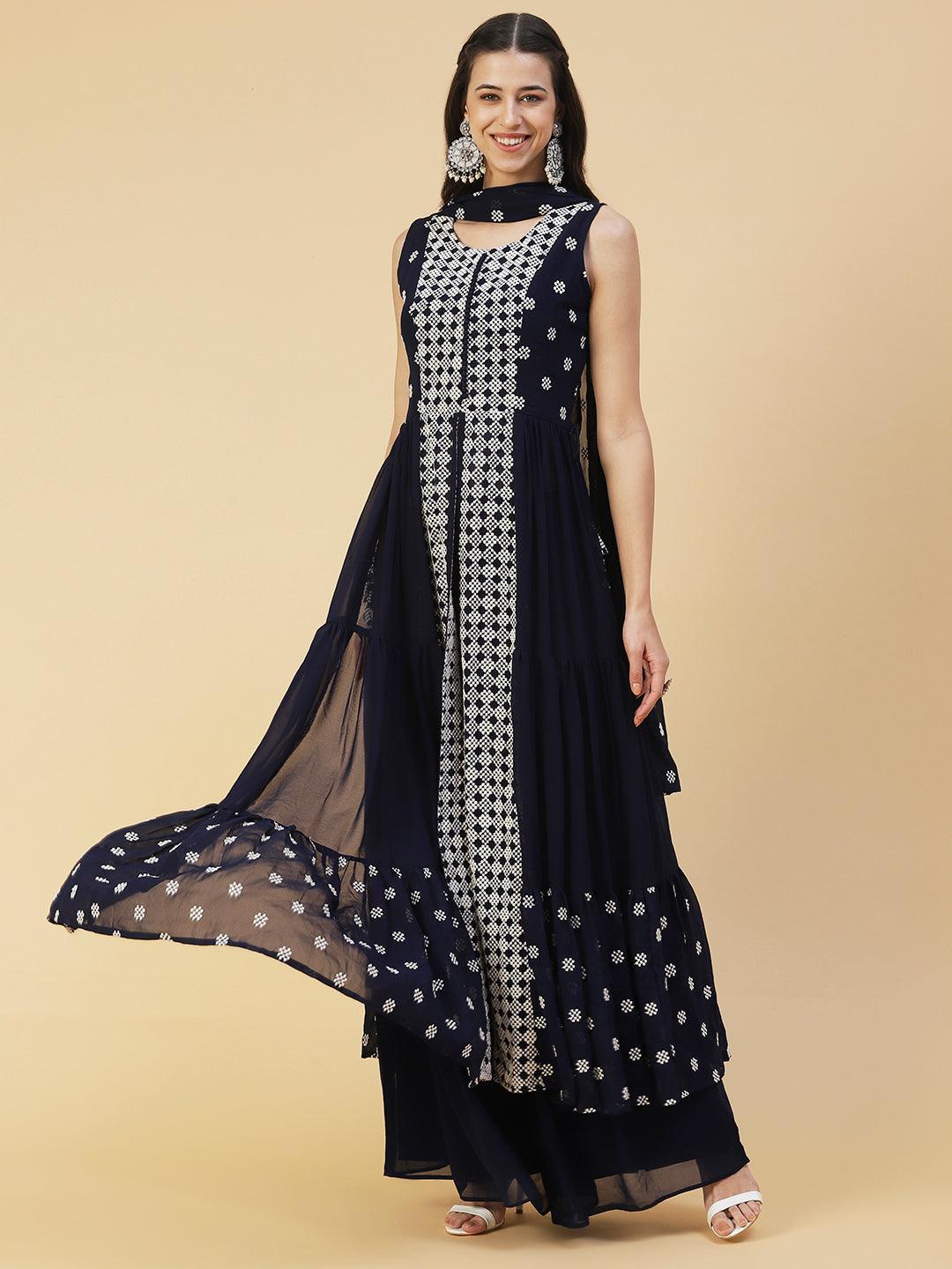 Ethnic Embroidered Flared Kurta with Palazzo & Dupatta - Deep Navy Blue - Indiakreations