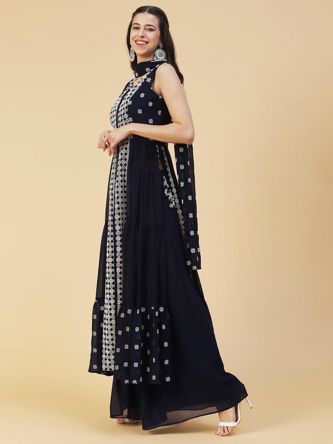 Ethnic Embroidered Flared Kurta with Palazzo & Dupatta - Deep Navy Blue - Indiakreations