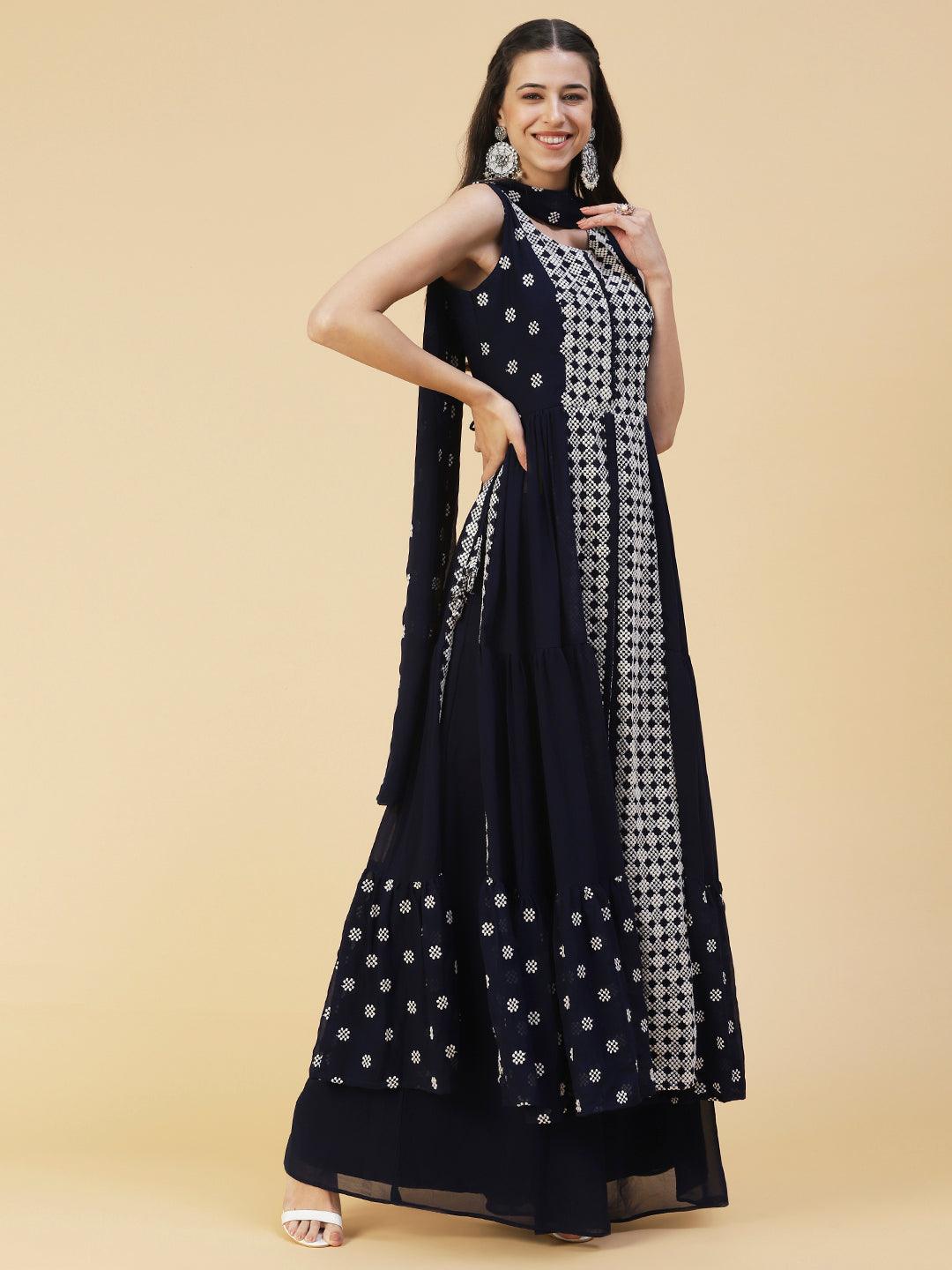 Ethnic Embroidered Flared Kurta with Palazzo & Dupatta - Deep Navy Blue - Indiakreations