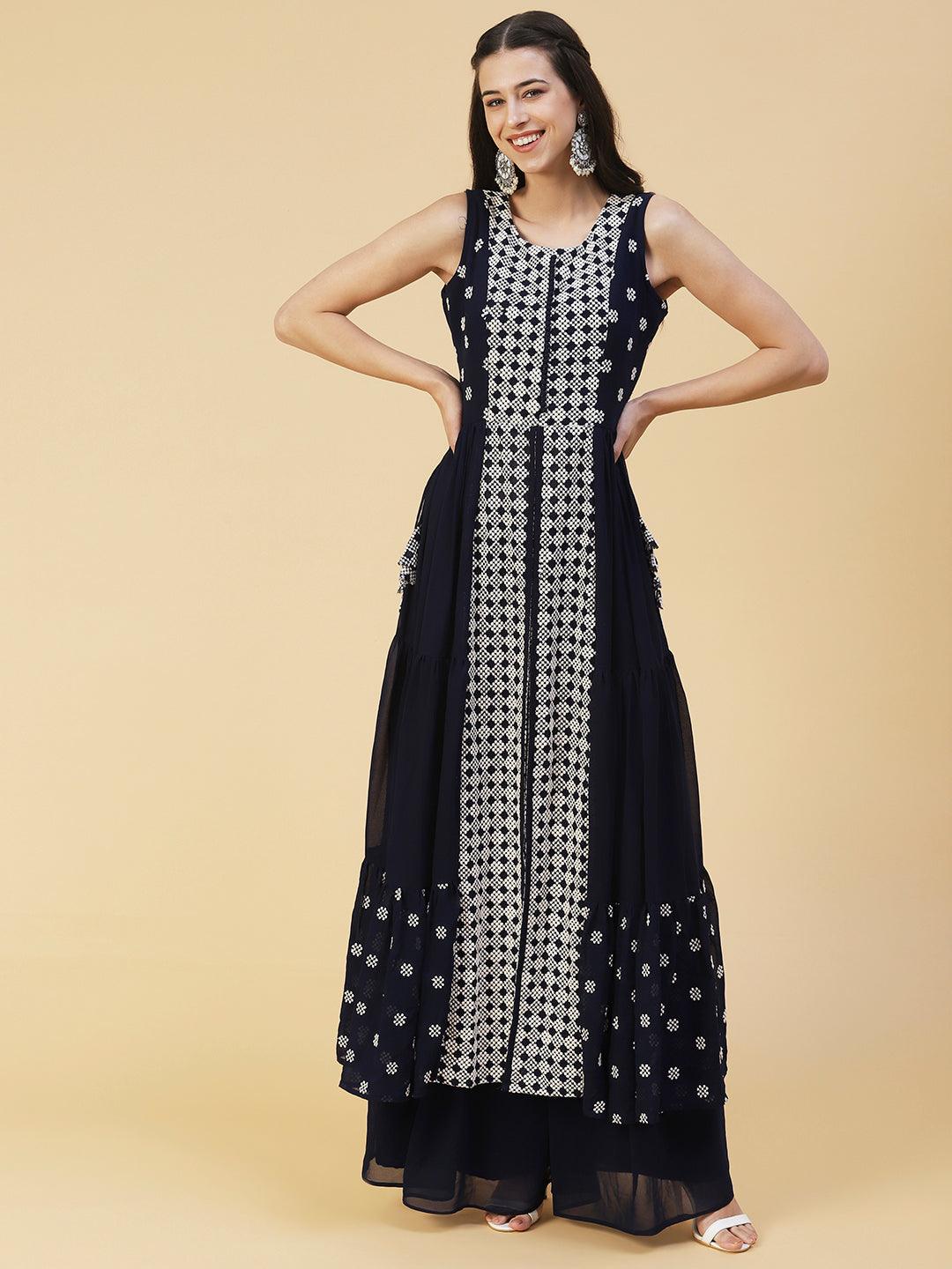 Ethnic Embroidered Flared Kurta with Palazzo & Dupatta - Deep Navy Blue - Indiakreations