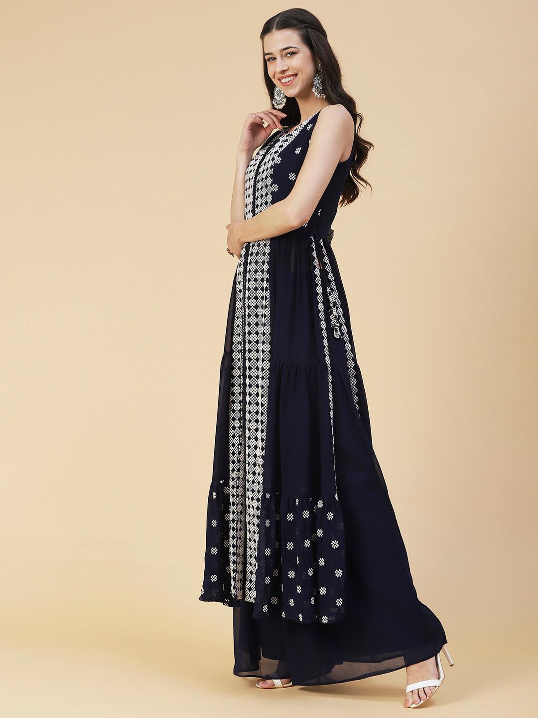 Ethnic Embroidered Flared Kurta with Palazzo & Dupatta - Deep Navy Blue - Indiakreations