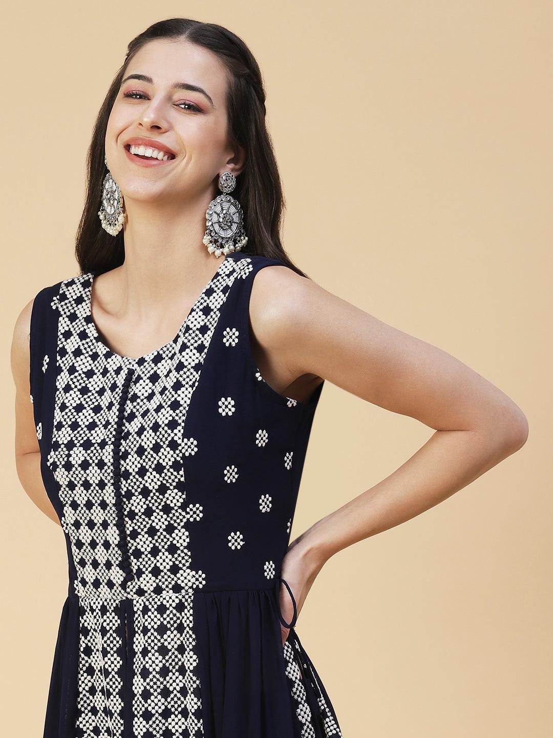 Ethnic Embroidered Flared Kurta with Palazzo & Dupatta - Deep Navy Blue - Indiakreations