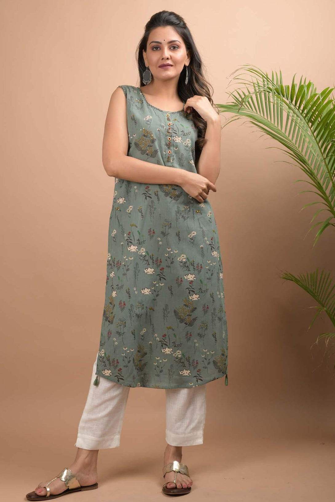 Green Sleeveless Kurta Pant Set - Indiakreations