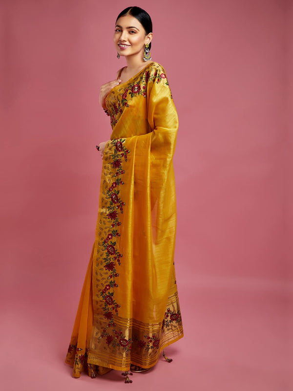 Yellow Cotton Silk With Floral Border Print