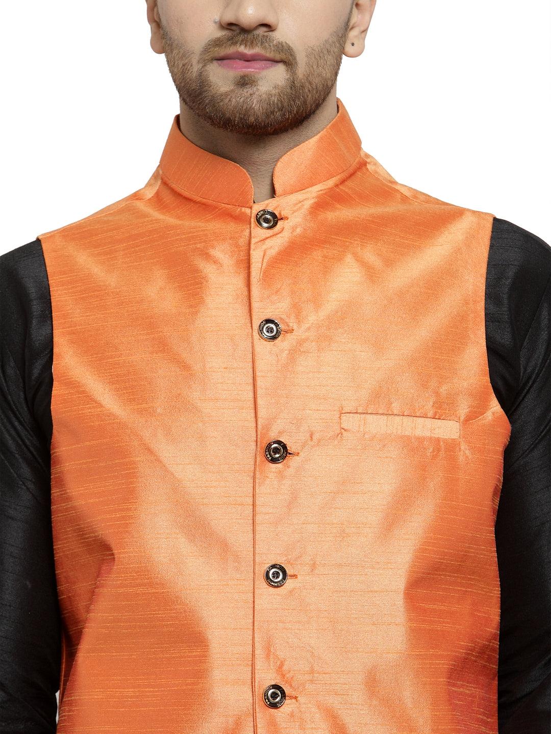 Men's Orange Solid Nehru Jacket - Benstoke - Indiakreations