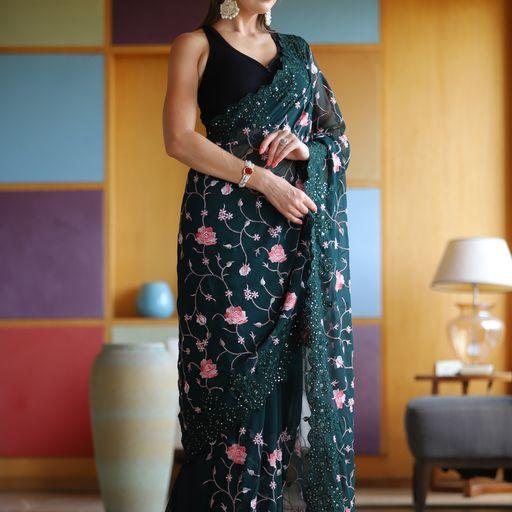 Georgette Party Wear Contemporary Saree In Teal - Indiakreations