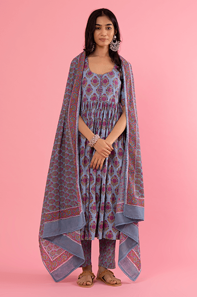 Kapaas (Blockprinted cottons) Blue Floral Hand Block Printed Anarkali with printed Pants and Blue Printed Dupatta - Set of 3 - Indiakreations