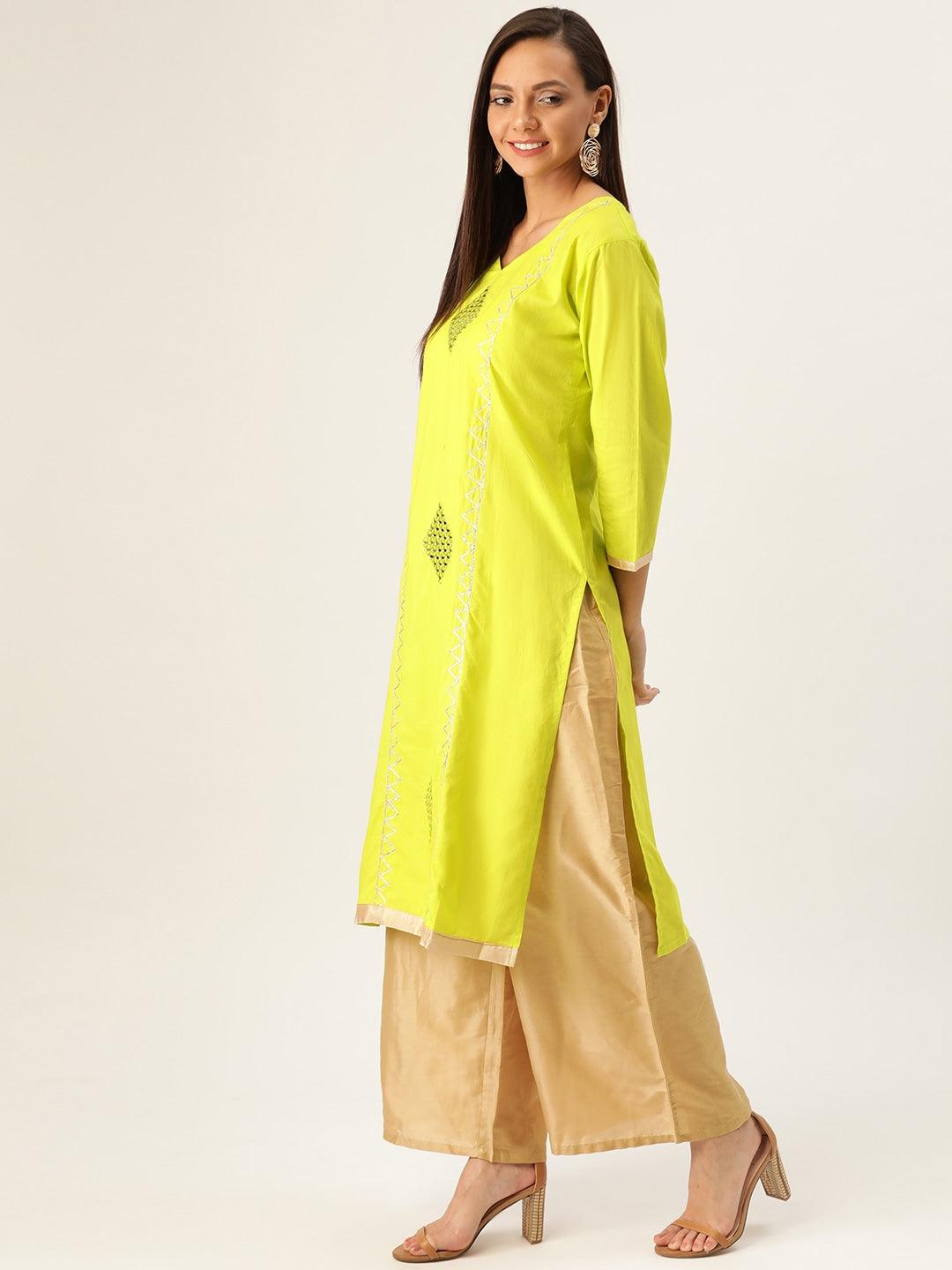 Women's Lime Green & Golden Embroidered Straight Kurta - NOZ2TOZ - Indiakreations