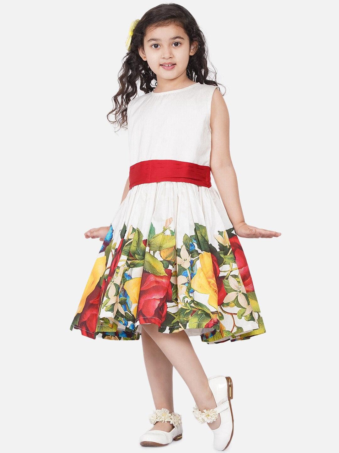 Girl's Off White & Red Floral Dress - NOZ2TOZ KIDS - Indiakreations