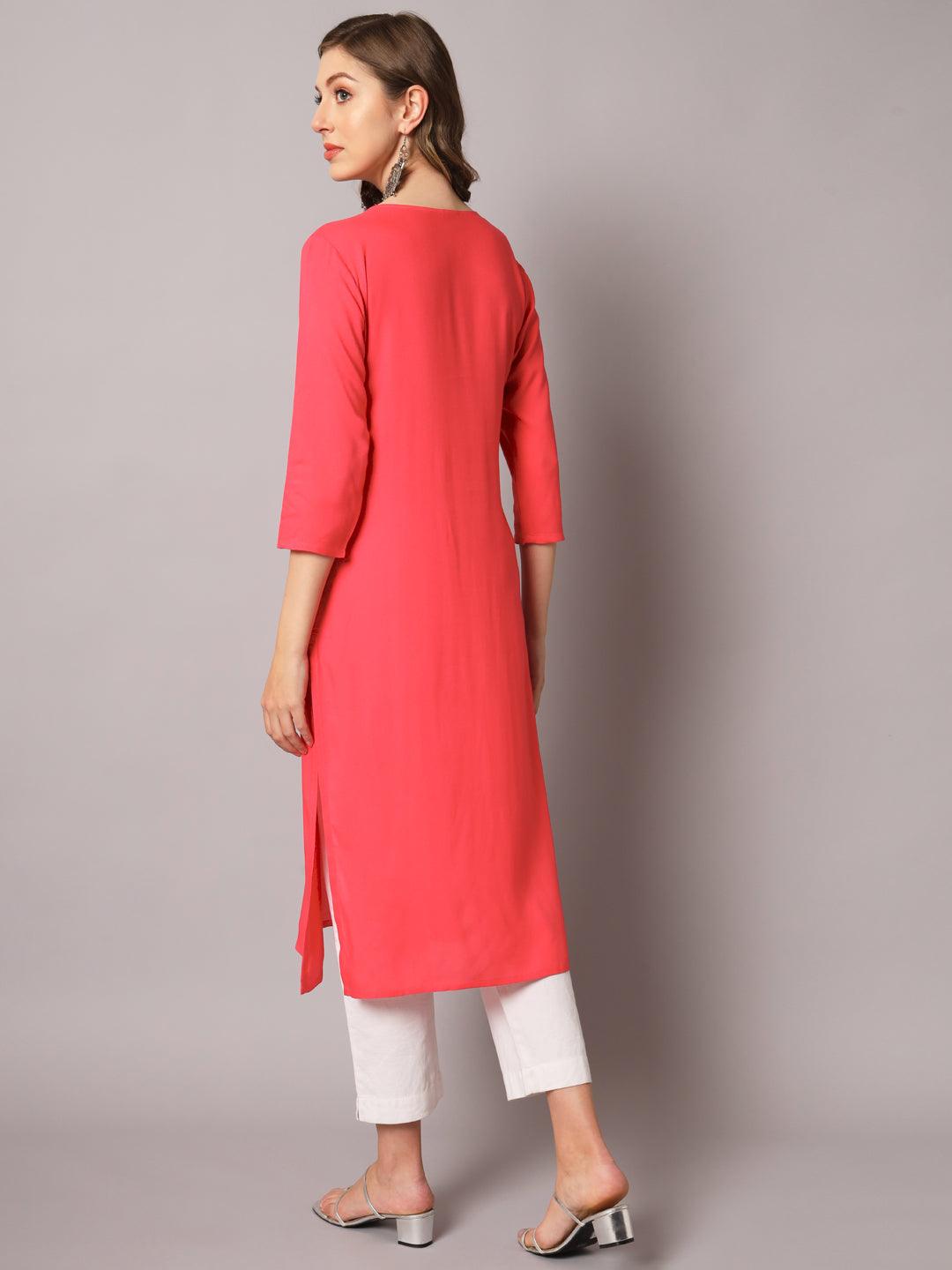 Women's Peach Color Solid Rayon Embroidered Kurta - PREKSHA - Indiakreations