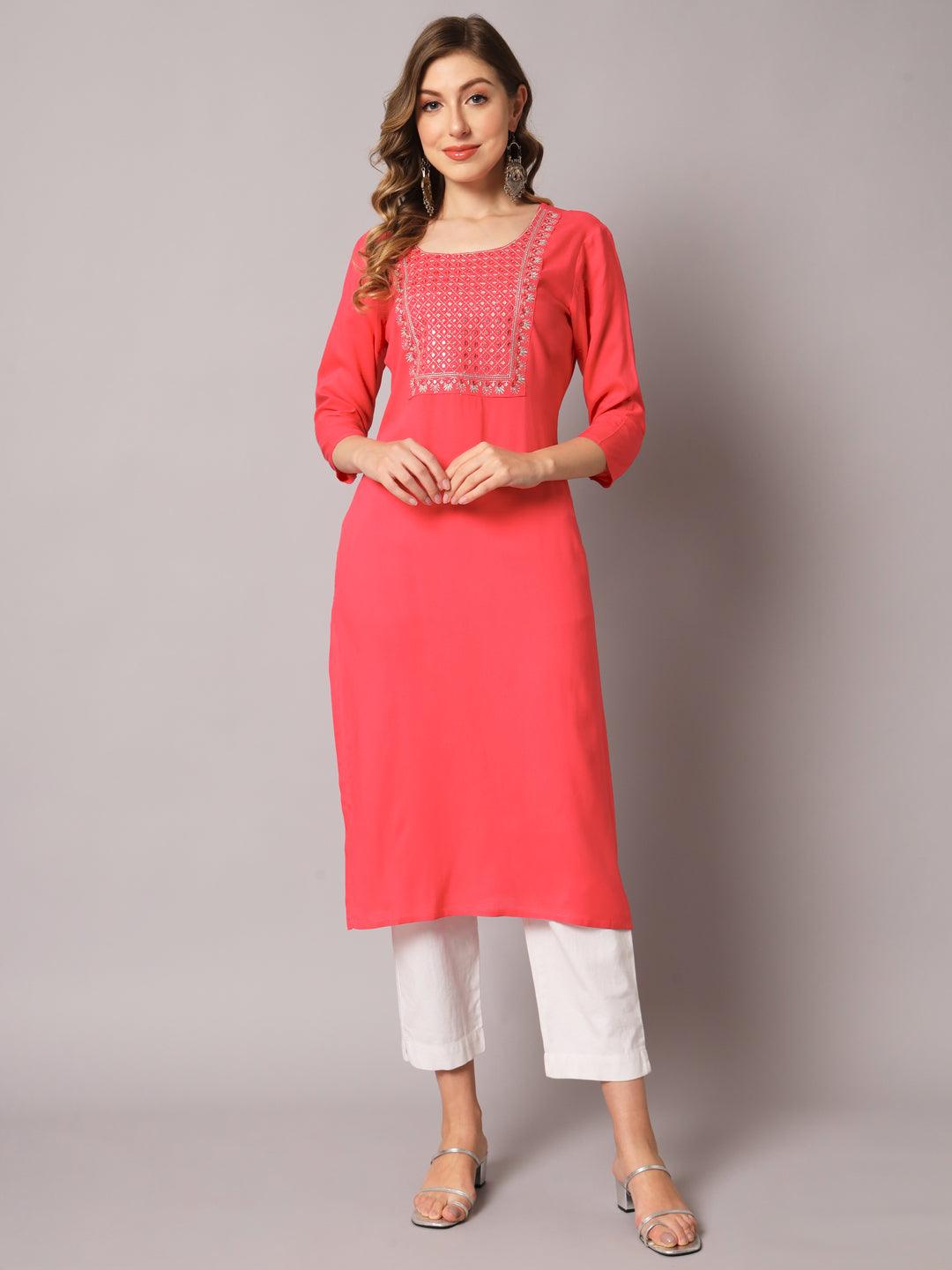 Women's Peach Color Solid Rayon Embroidered Kurta - PREKSHA - Indiakreations