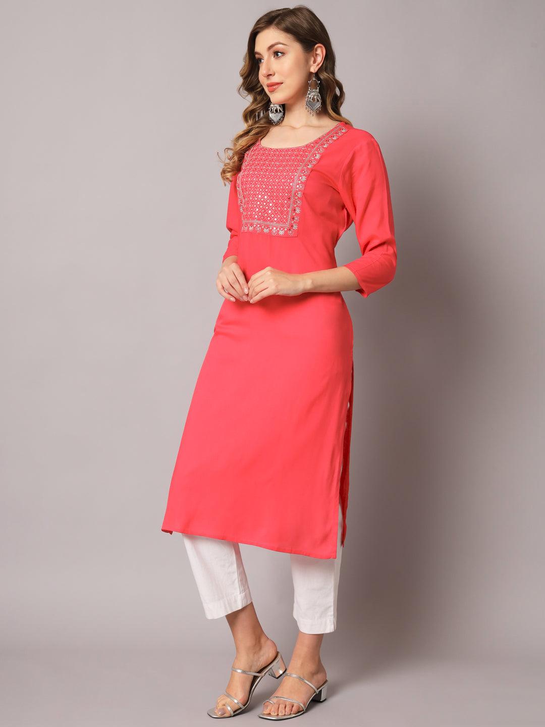 Women's Peach Color Solid Rayon Embroidered Kurta - PREKSHA - Indiakreations