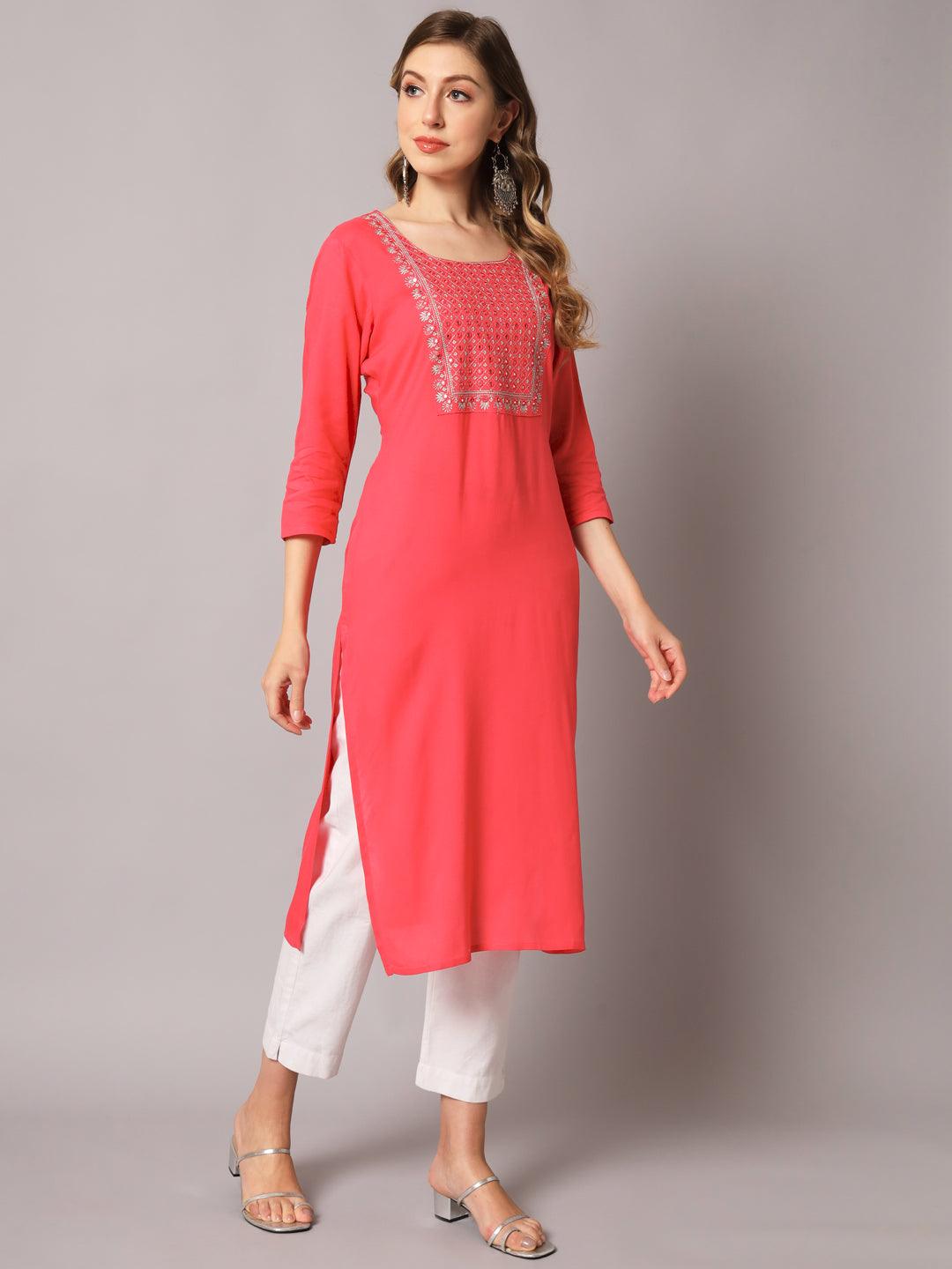 Women's Peach Color Solid Rayon Embroidered Kurta - PREKSHA - Indiakreations