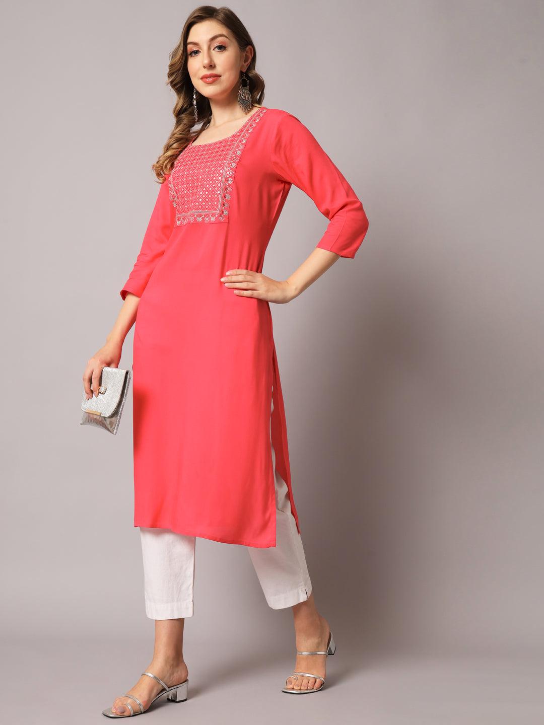 Women's Peach Color Solid Rayon Embroidered Kurta - PREKSHA - Indiakreations