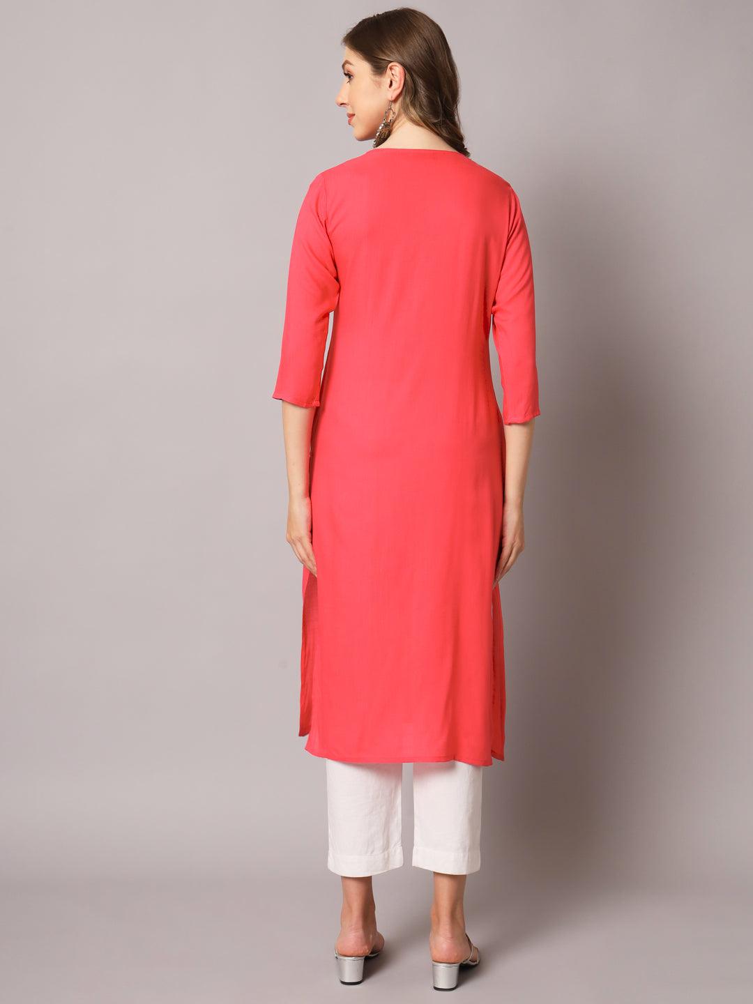 Women's Gajri Color Solid Rayon Embroidered Kurta - PREKSHA - Indiakreations