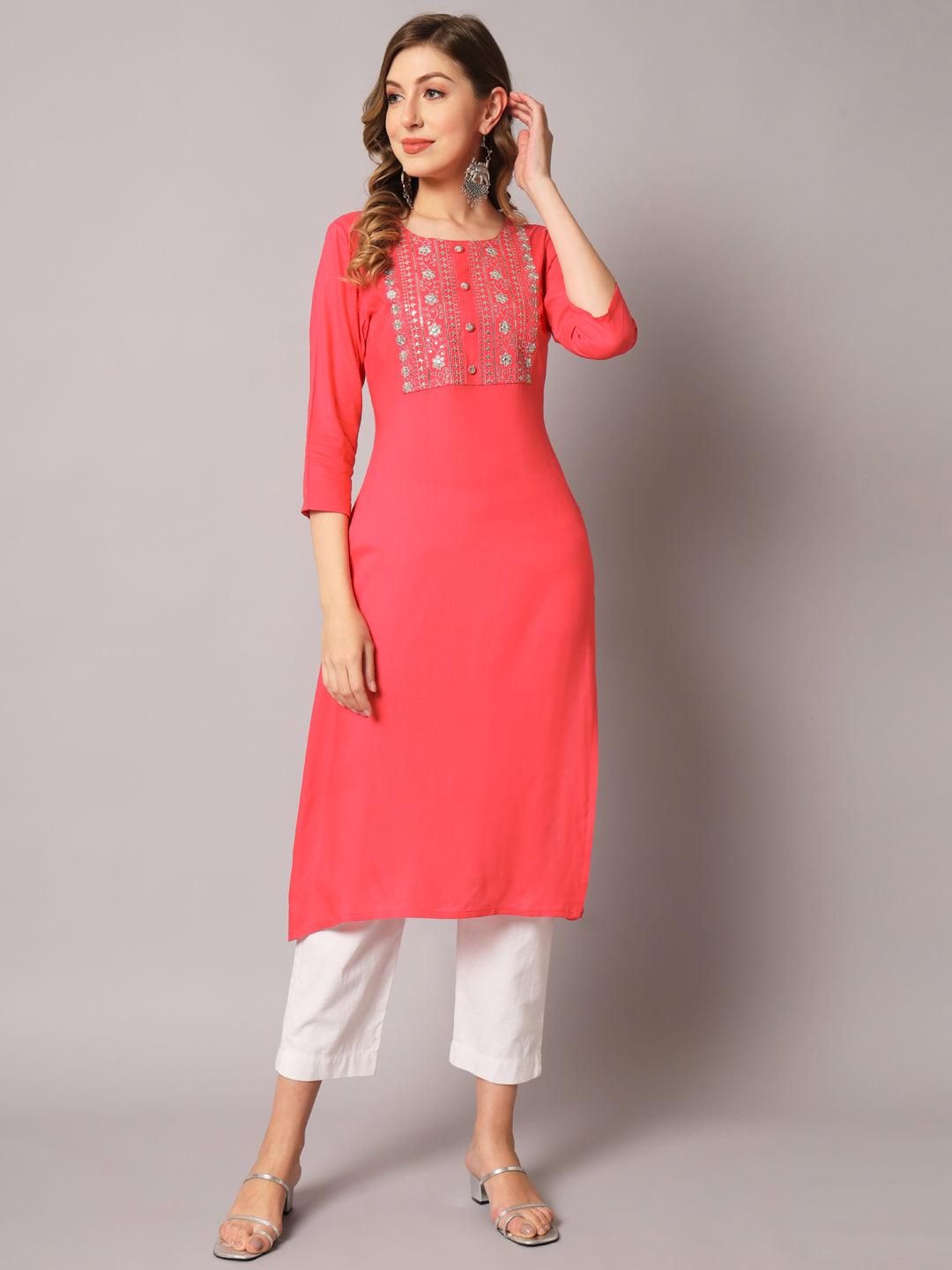 Women's Gajri Color Solid Rayon Embroidered Kurta - PREKSHA - Indiakreations