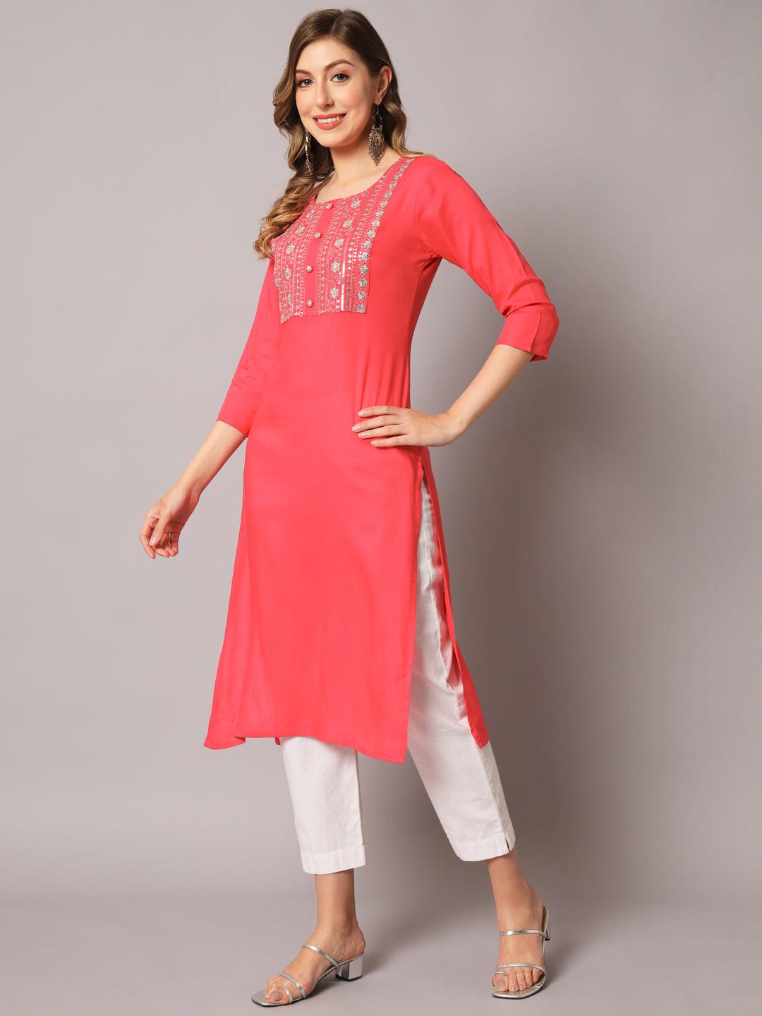 Women's Gajri Color Solid Rayon Embroidered Kurta - PREKSHA - Indiakreations