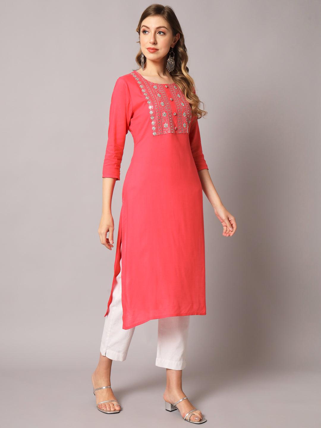 Women's Gajri Color Solid Rayon Embroidered Kurta - PREKSHA - Indiakreations