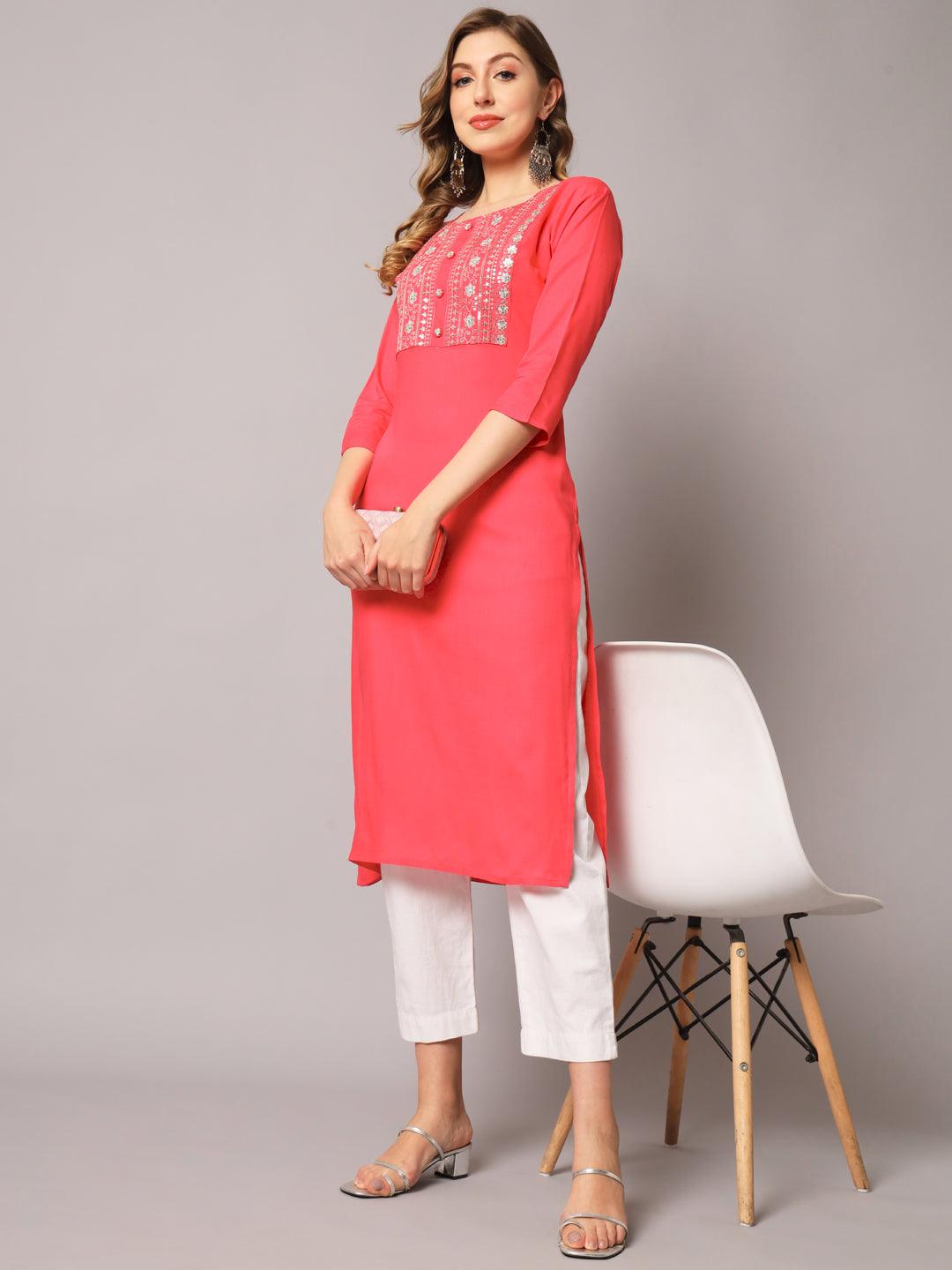 Women's Gajri Color Solid Rayon Embroidered Kurta - PREKSHA - Indiakreations