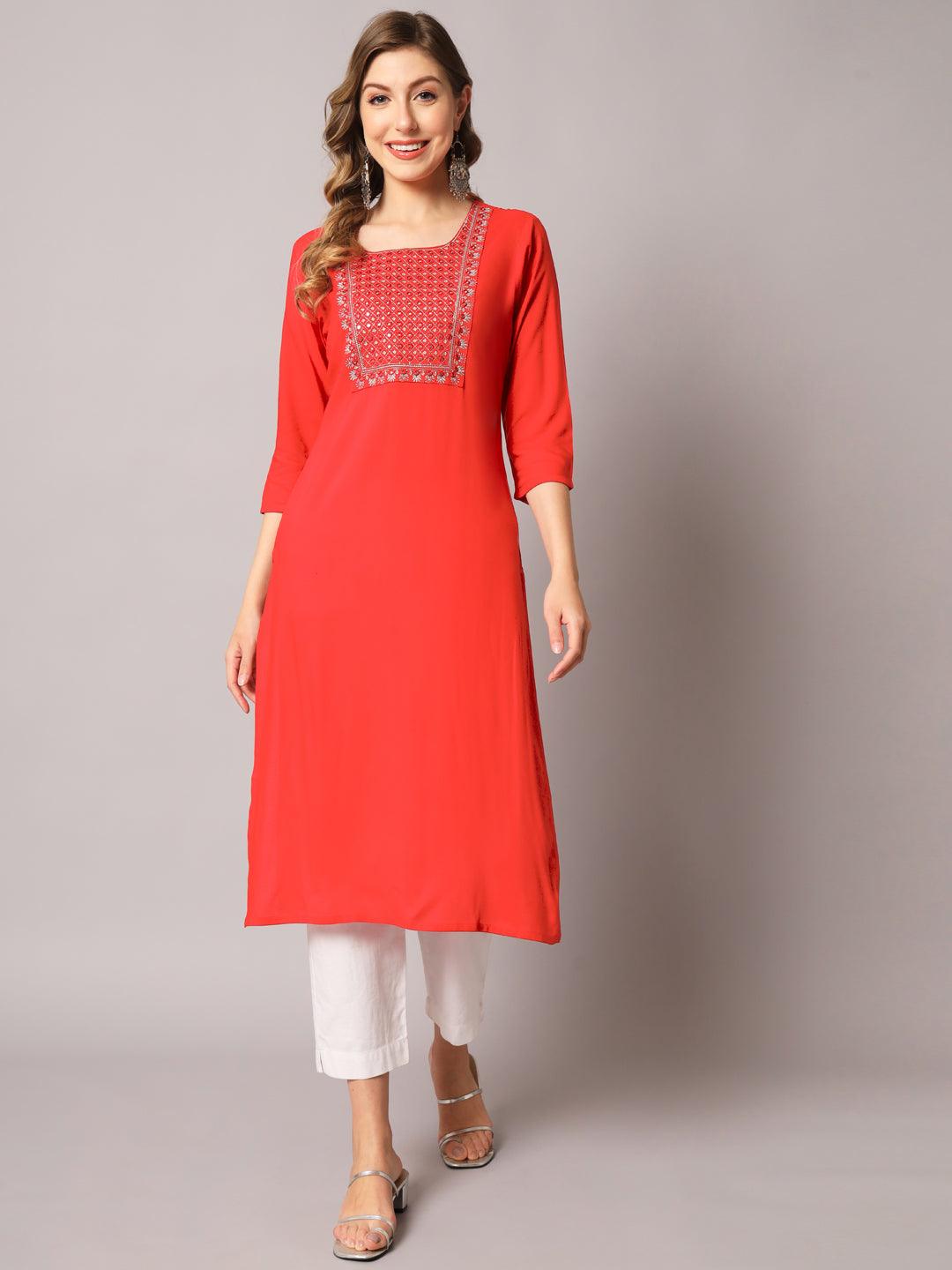 Women's Red Color Solid Rayon Embroidered Kurta - PREKSHA - Indiakreations