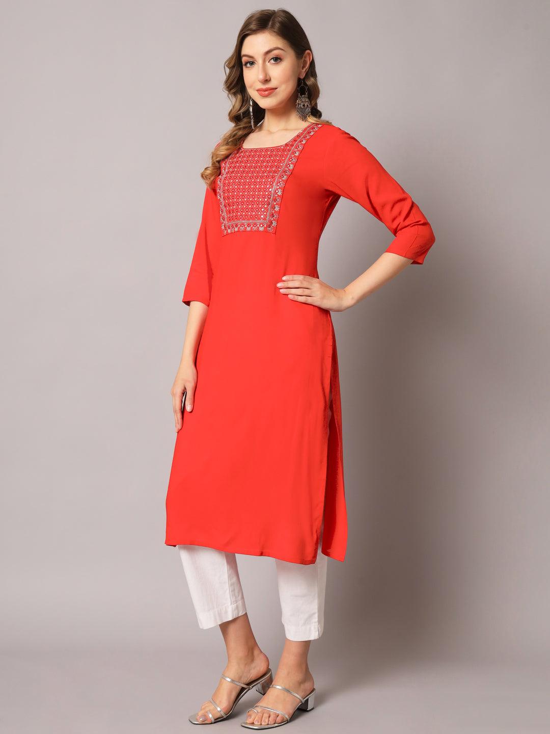 Women's Red Color Solid Rayon Embroidered Kurta - PREKSHA - Indiakreations