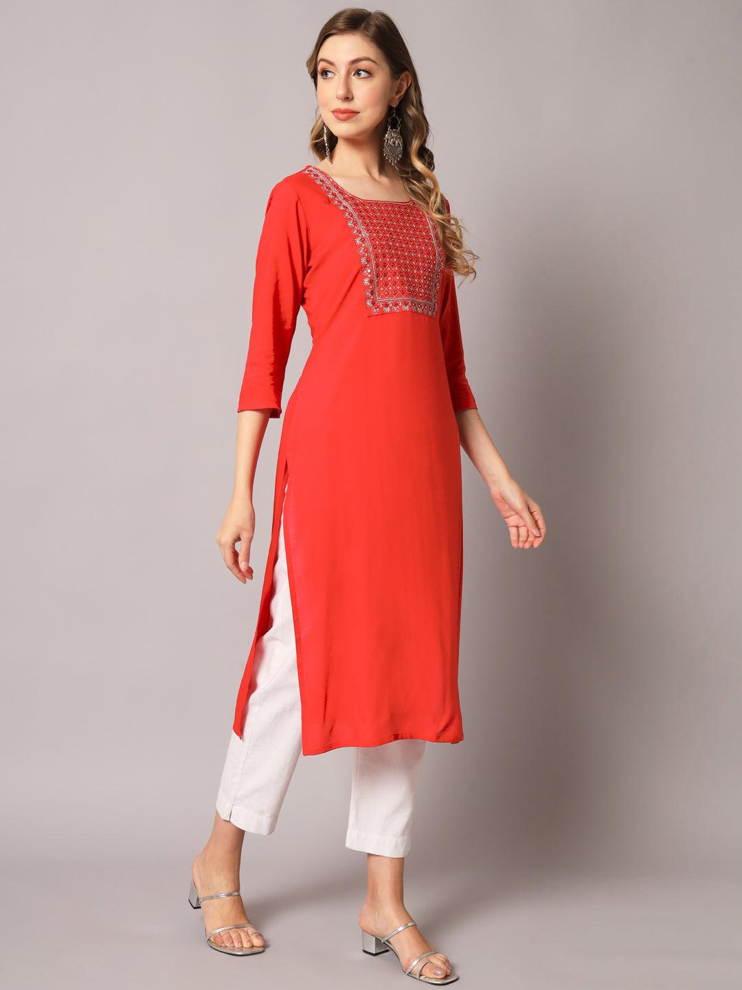 Women's Red Color Solid Rayon Embroidered Kurta - PREKSHA - Indiakreations